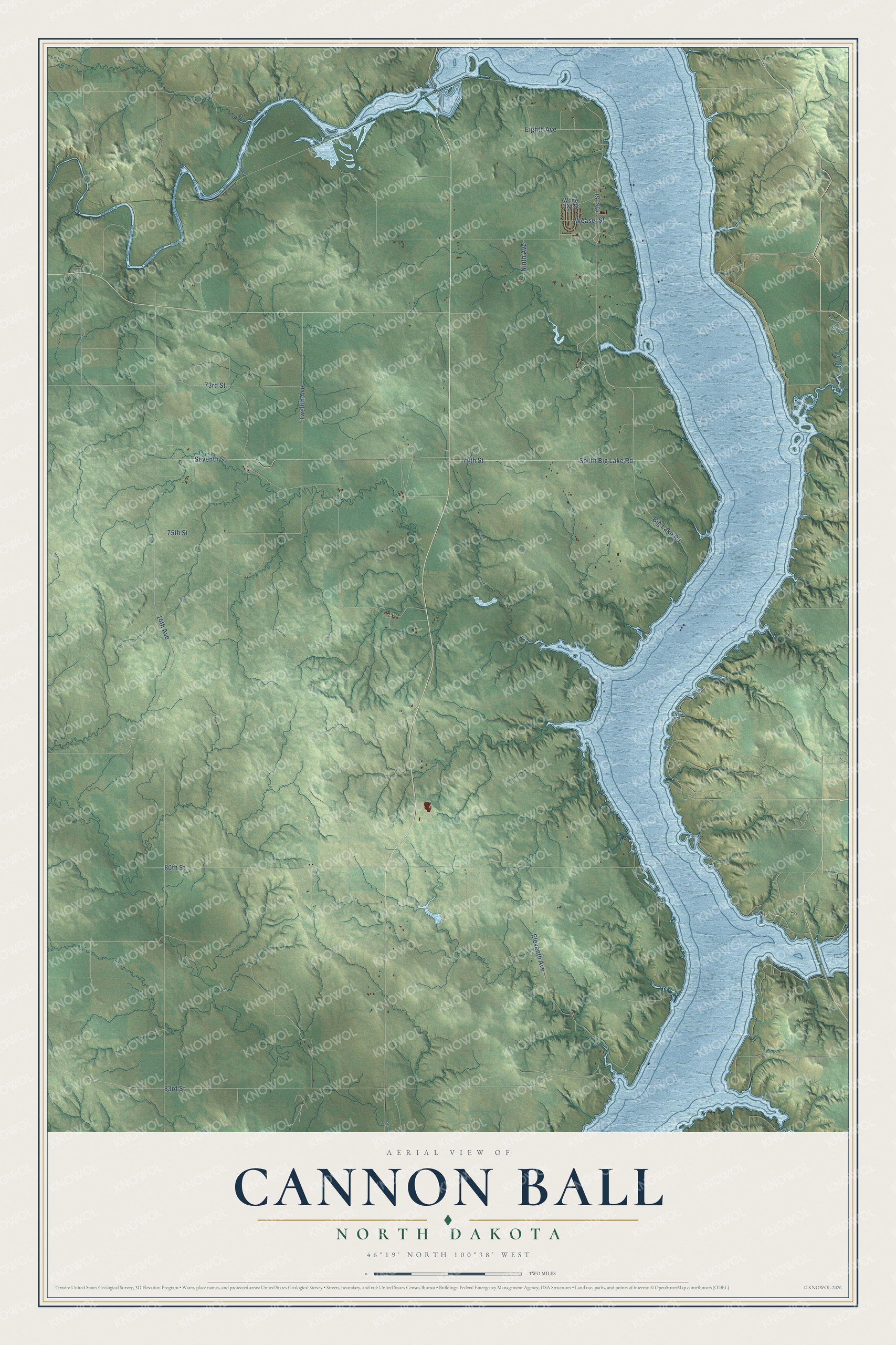 Full map of Cannon Ball, North Dakota, with red buildings, printed street names and the land around them