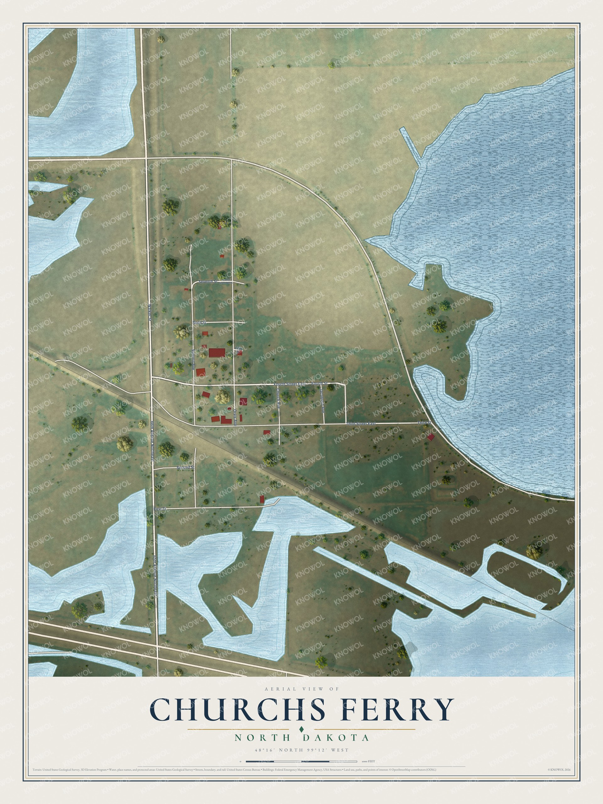 Full map of Churchs Ferry, North Dakota, with red buildings, printed street names and the land around them