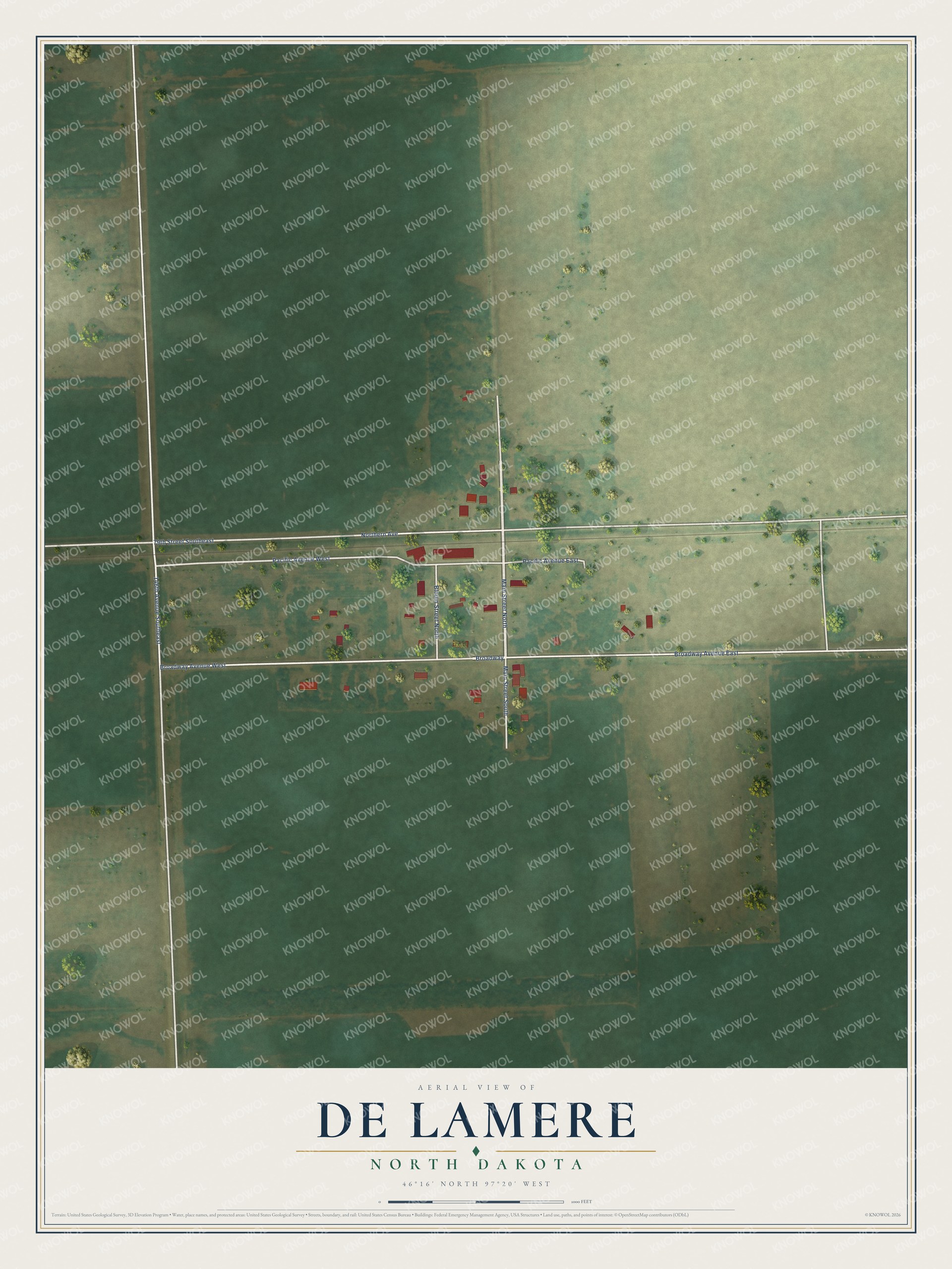 Full map of De Lamere, North Dakota, with red buildings, printed street names and the land around them