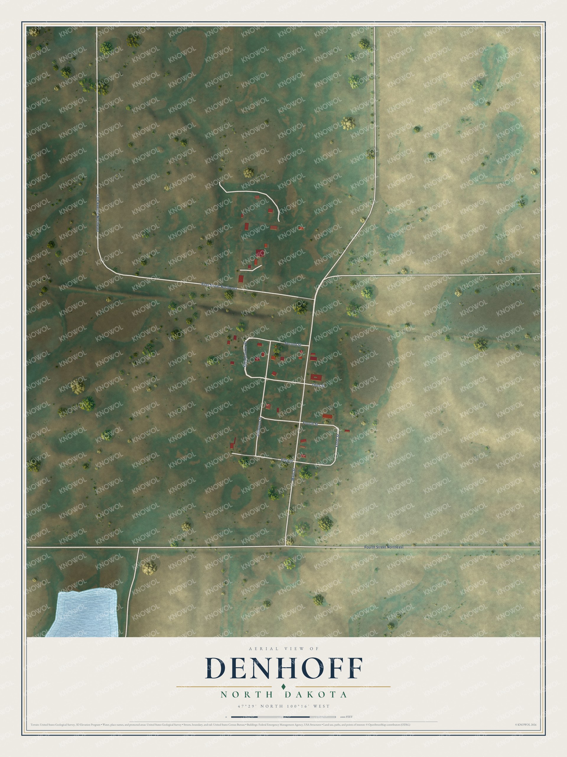 Full map of Denhoff, North Dakota, with red buildings, printed street names and the land around them