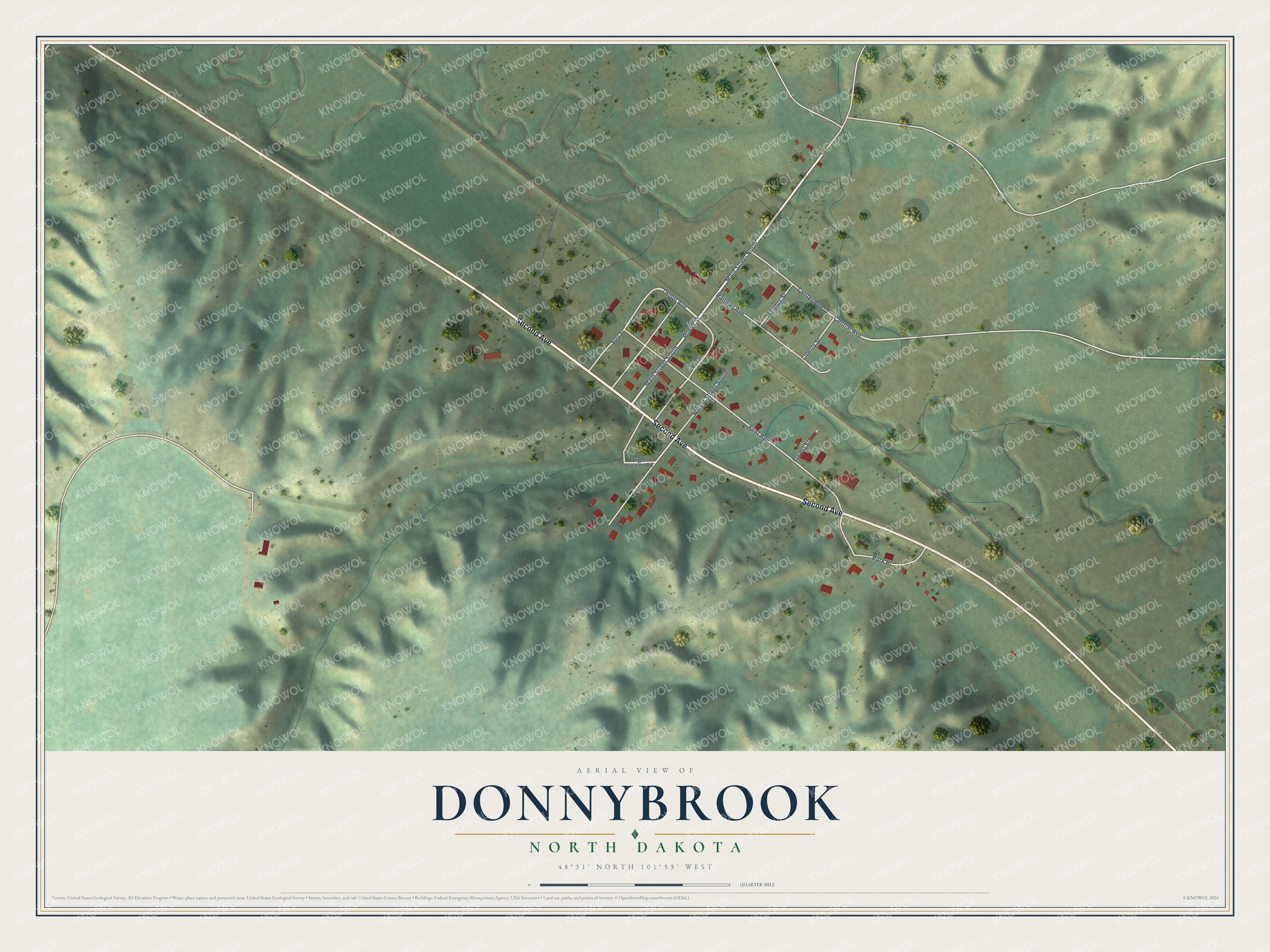 Full map of Donnybrook, North Dakota, with red buildings, printed street names and the land around them