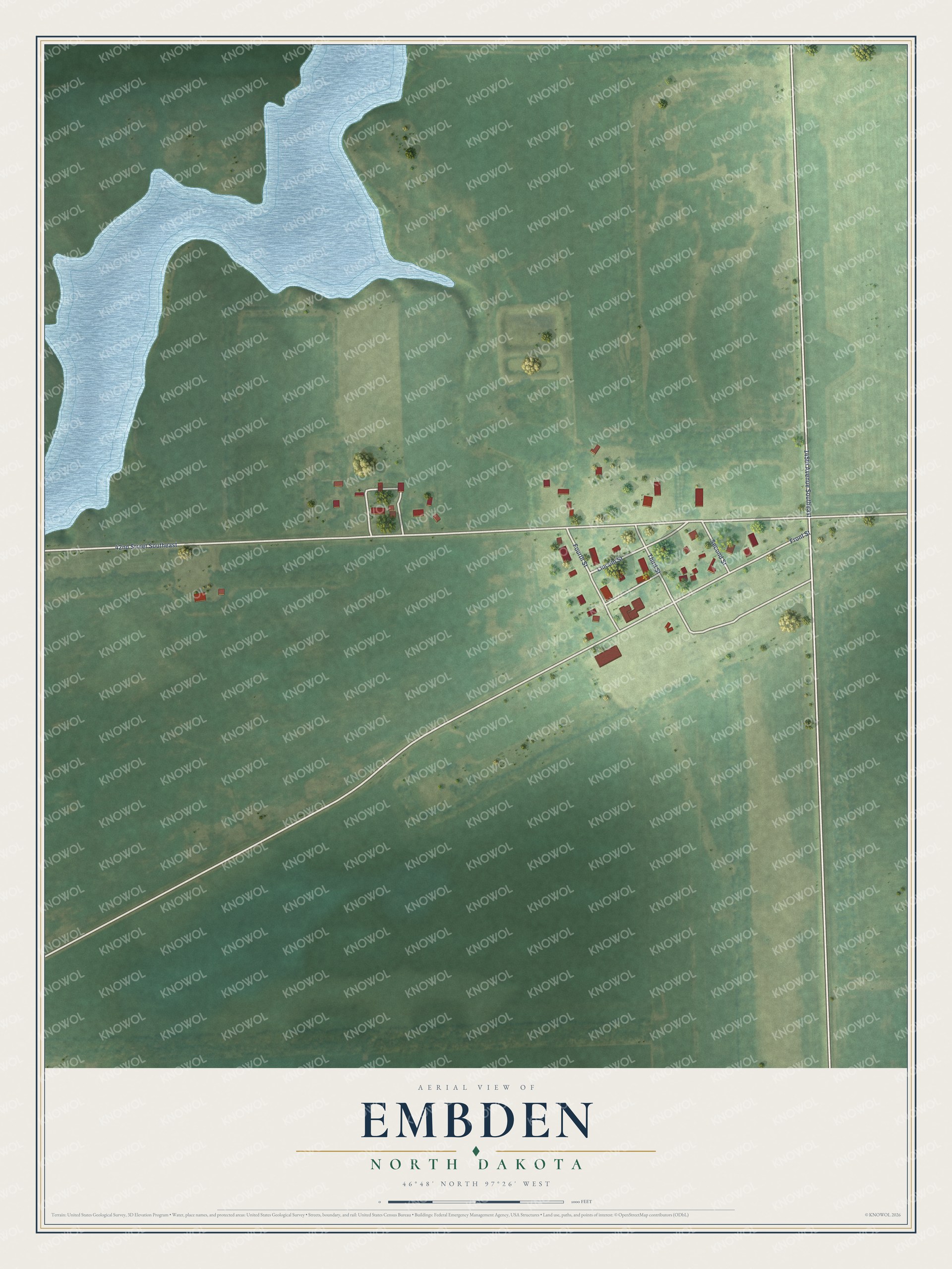 Full map of Embden, North Dakota, with red buildings, printed street names and the land around them