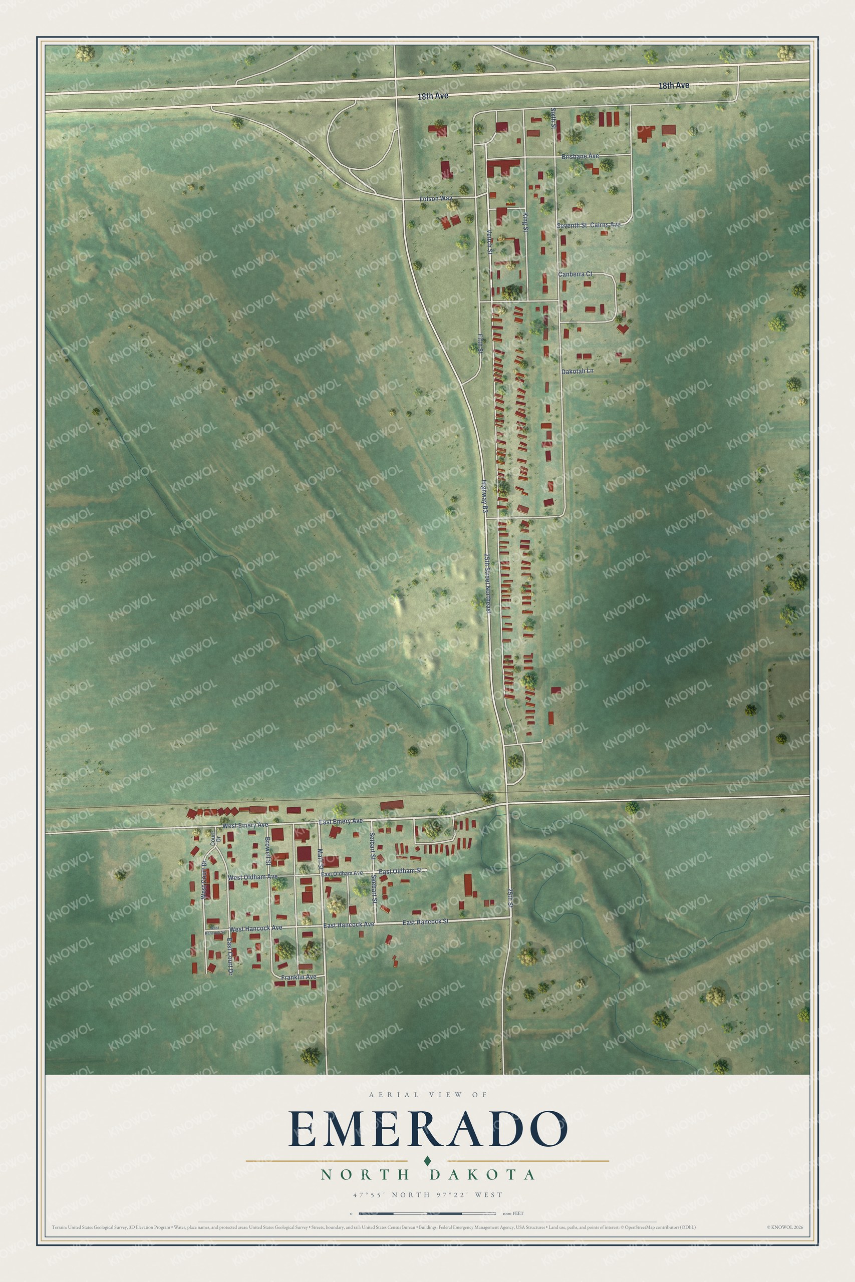 Full map of Emerado, North Dakota, with red buildings, printed street names and the land around them