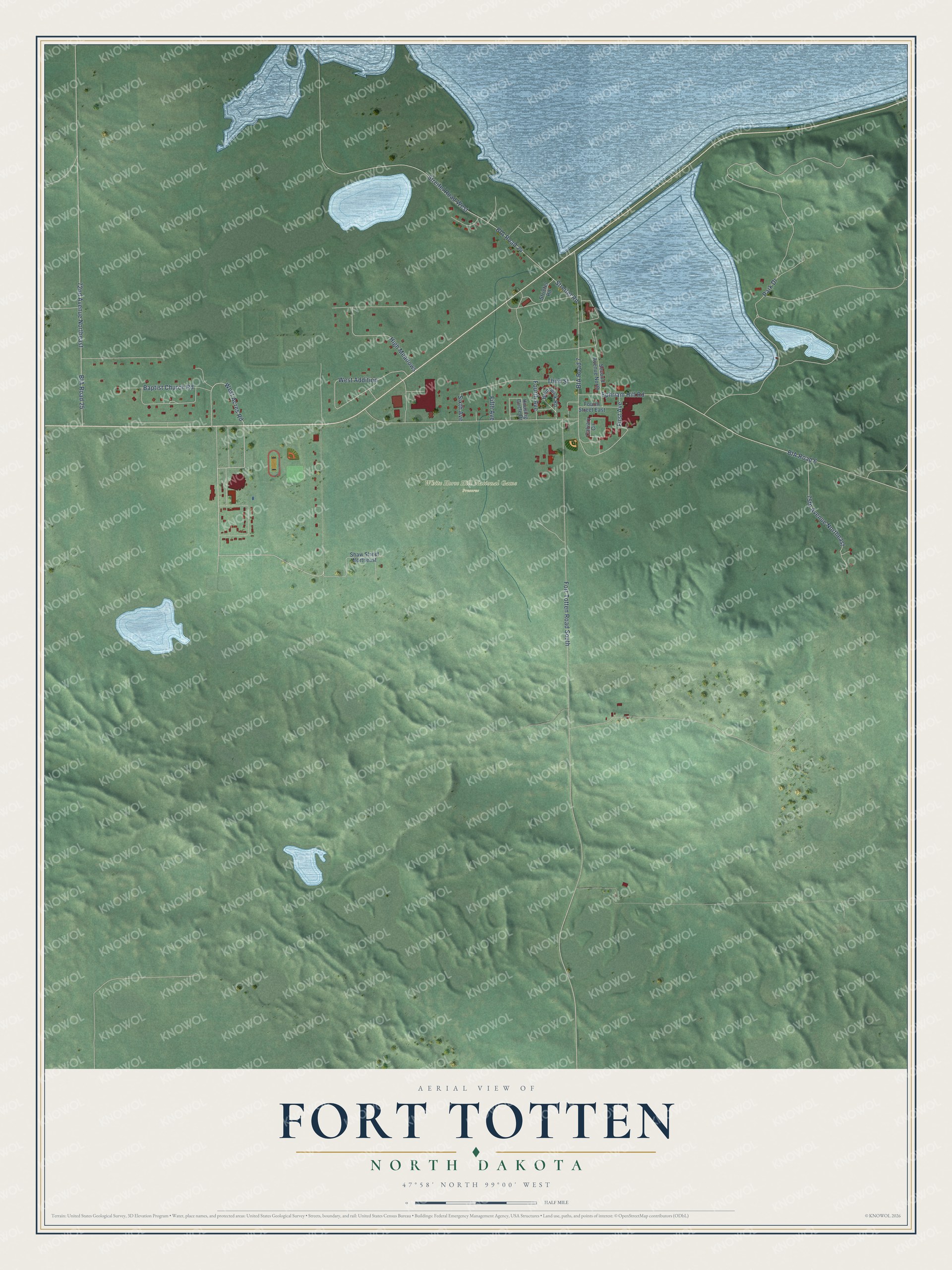 Full map of Fort Totten, North Dakota, with red buildings, printed street names and the land around them