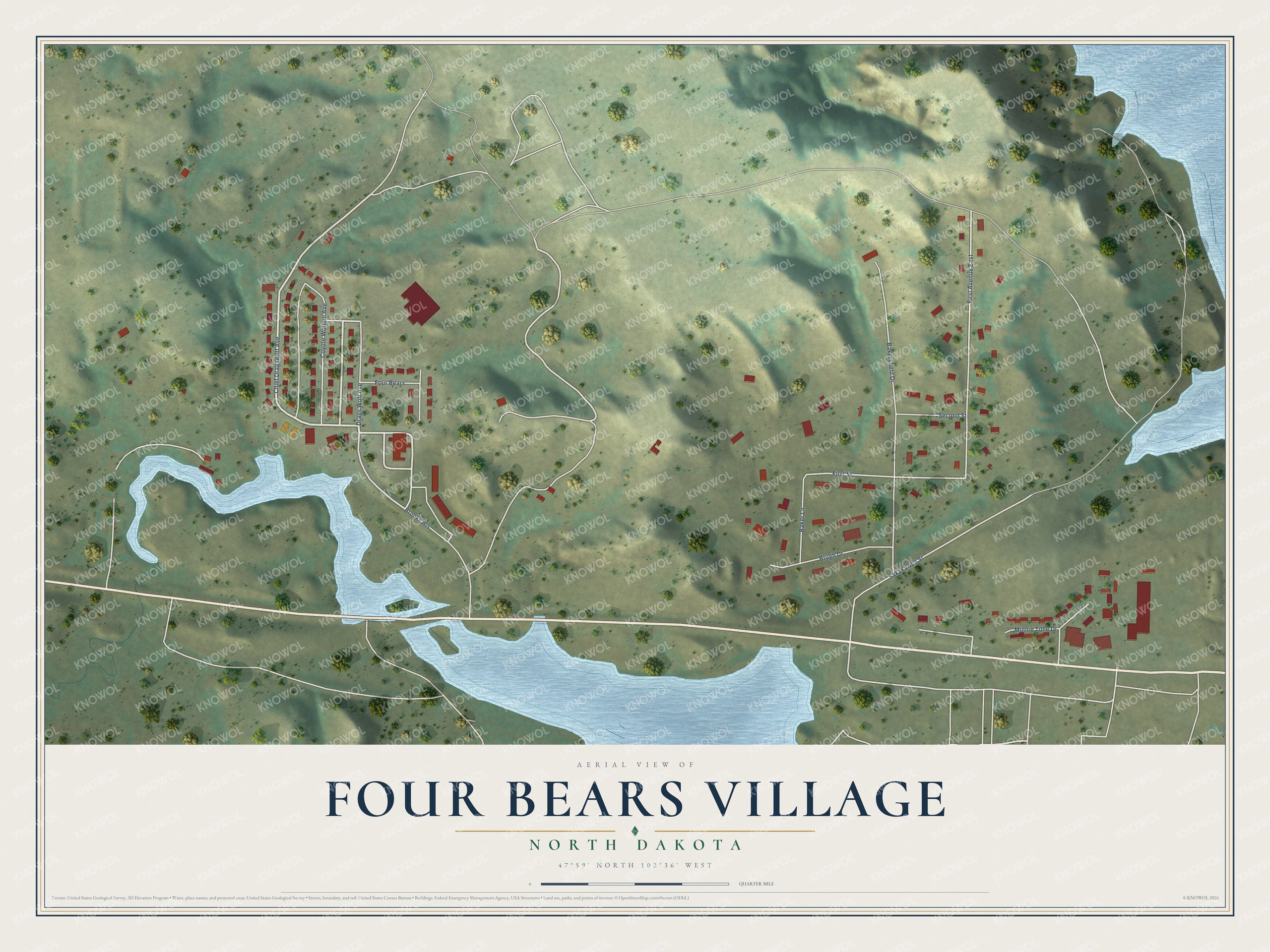 Full map of Four Bears Village, North Dakota, with red buildings, printed street names and the land around them