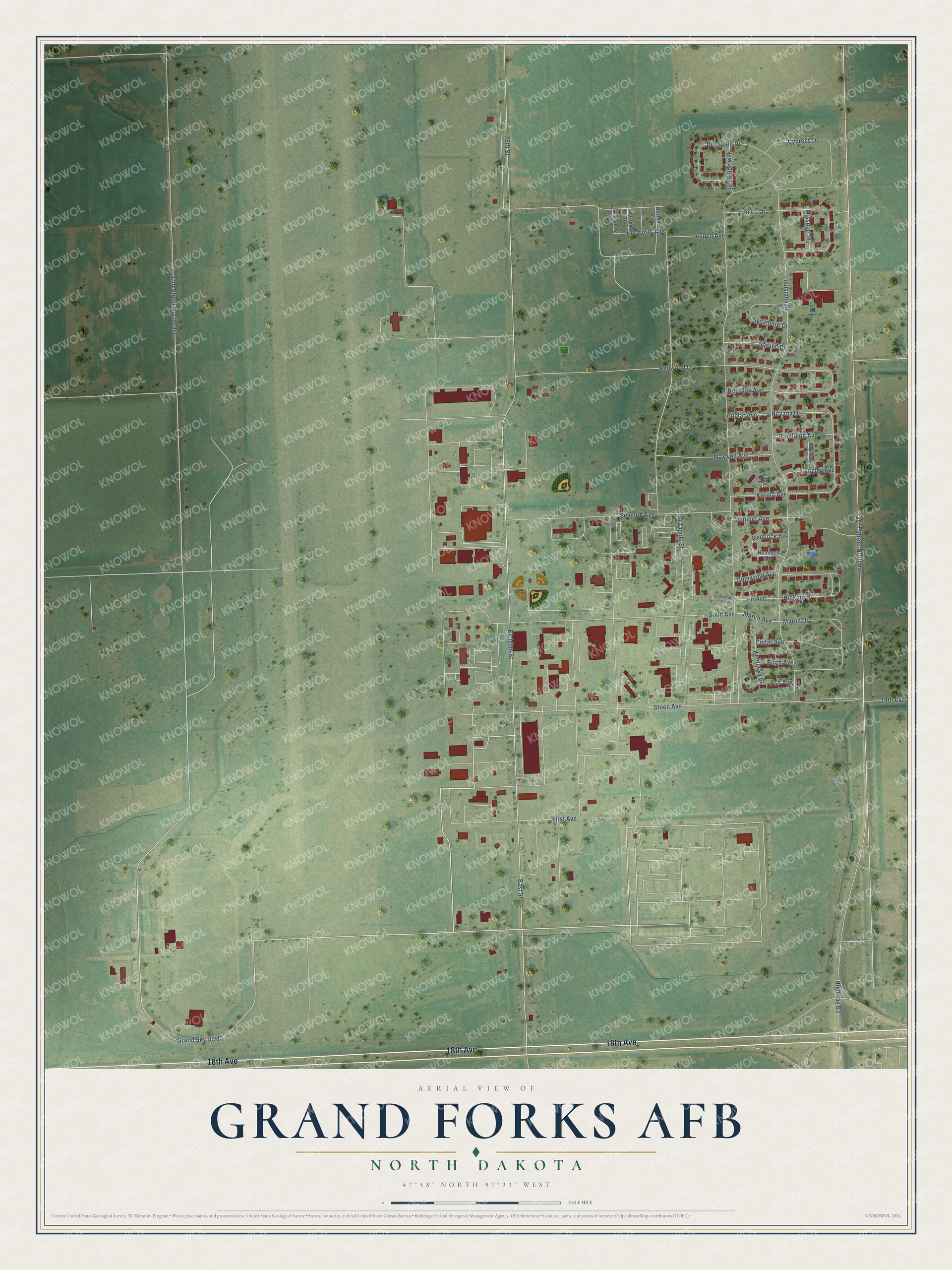 Full map of Grand Forks AFB, North Dakota, with red buildings, printed street names and the land around them