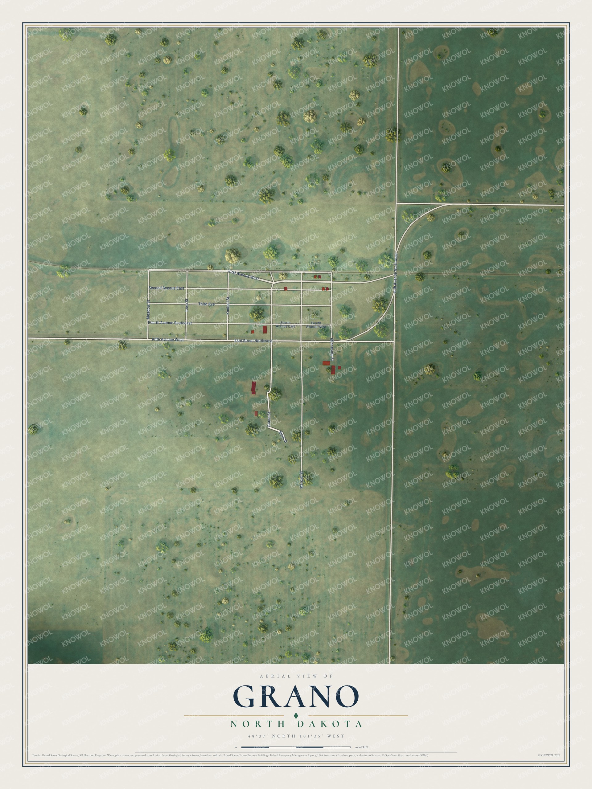 Full map of Grano, North Dakota, with red buildings, printed street names and the land around them