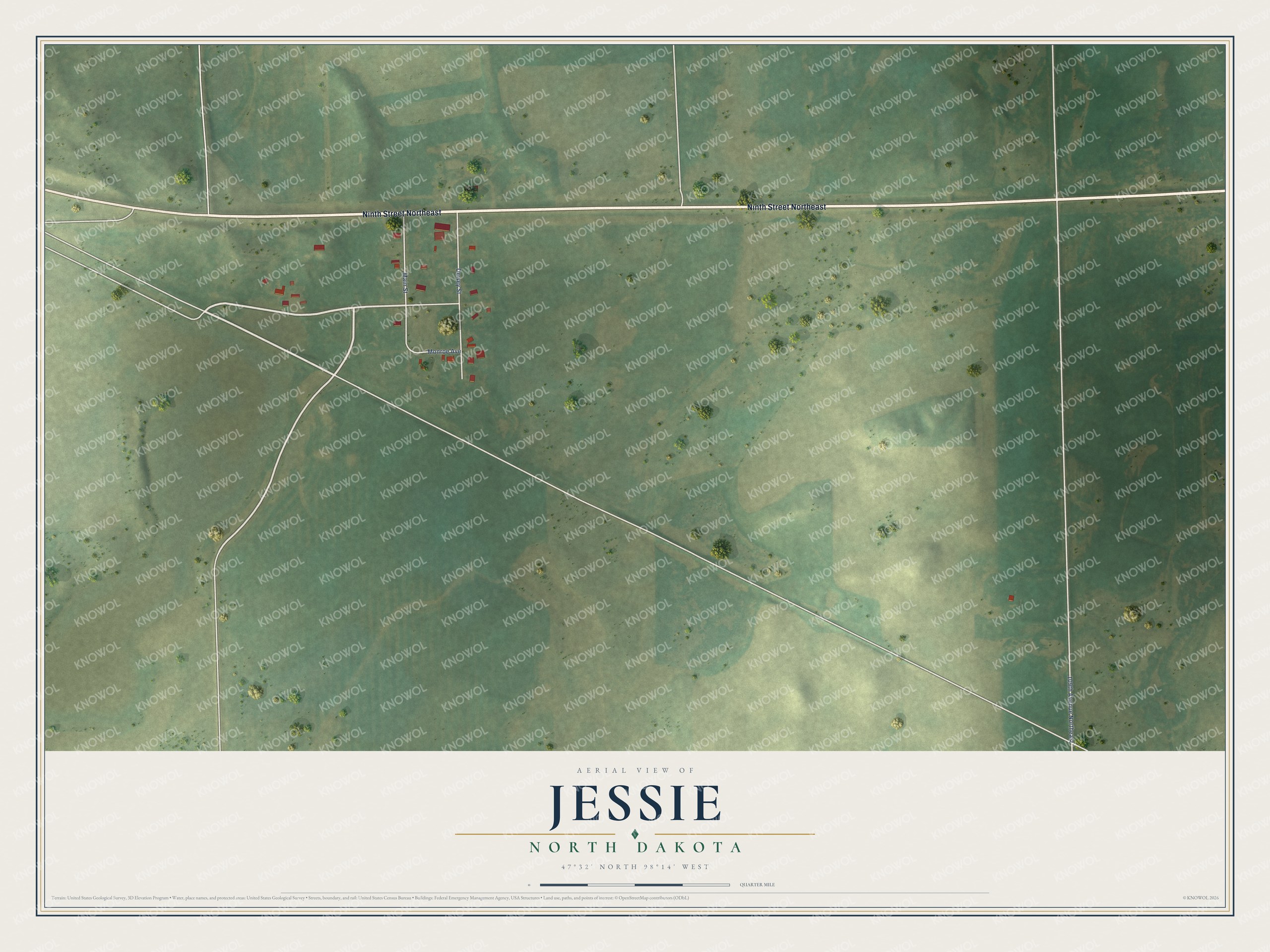 Full map of Jessie, North Dakota, with red buildings, printed street names and the land around them