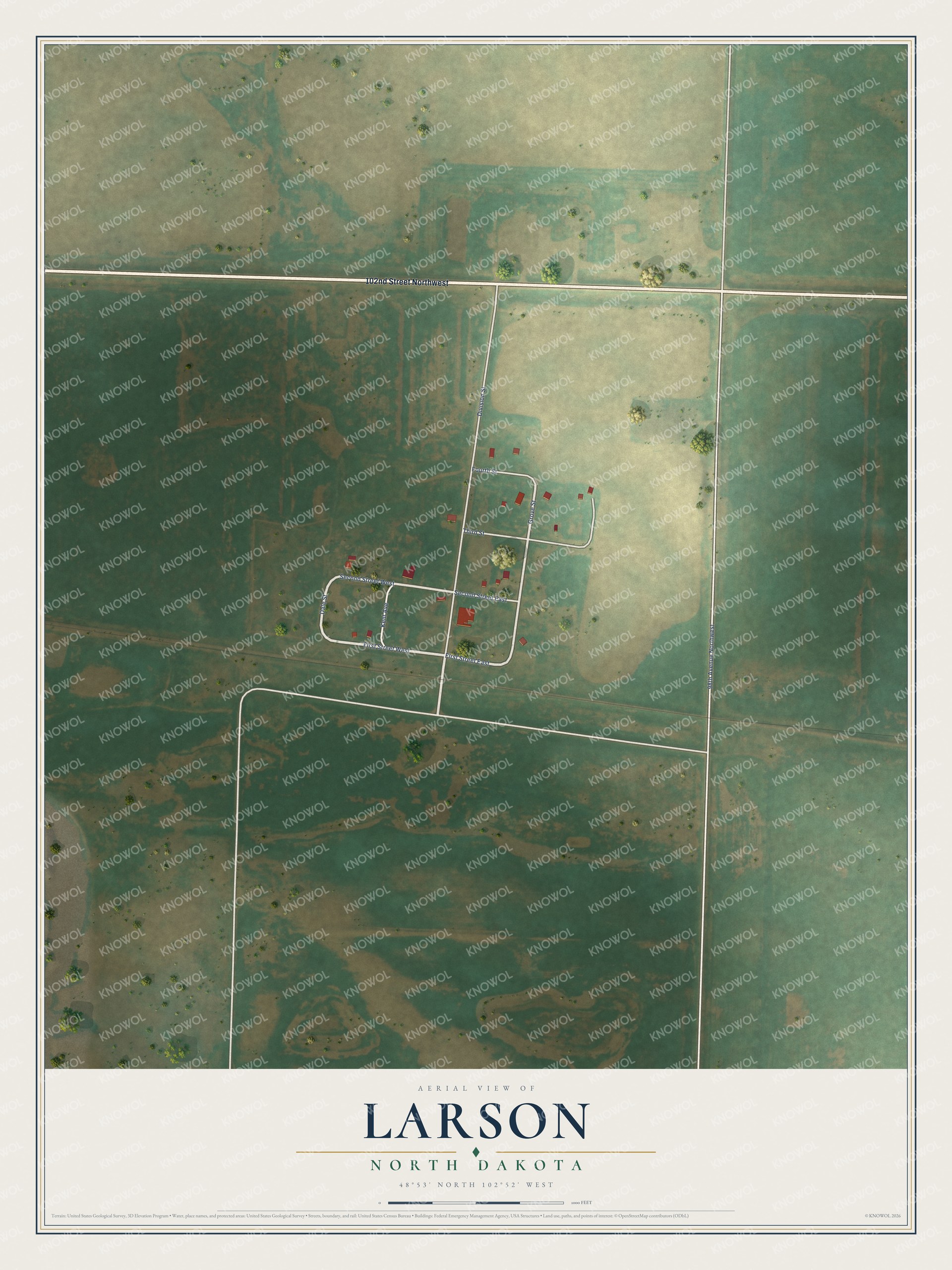 Full map of Larson, North Dakota, with red buildings, printed street names and the land around them