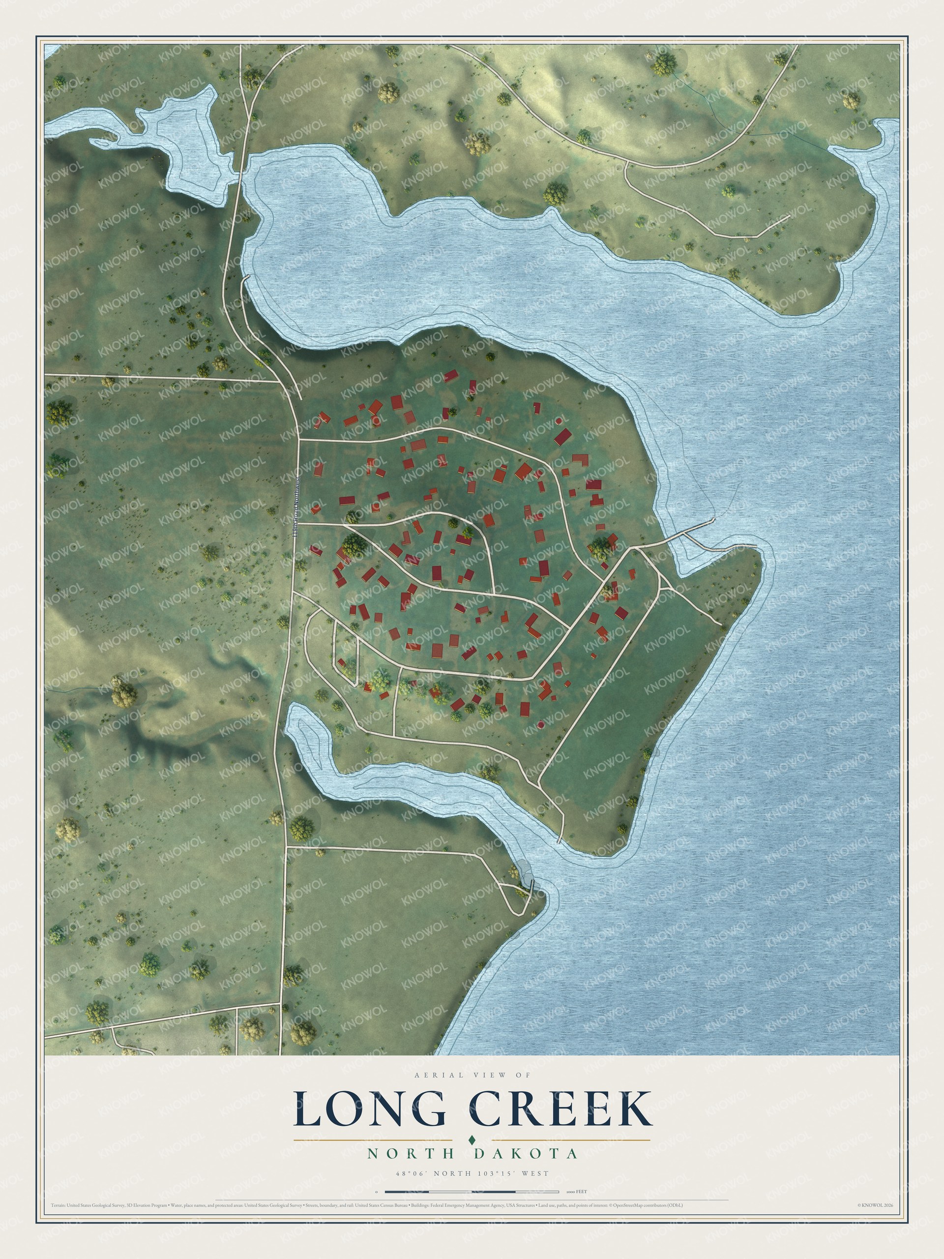 Full map of Long Creek, North Dakota, with red buildings, printed street names and the land around them