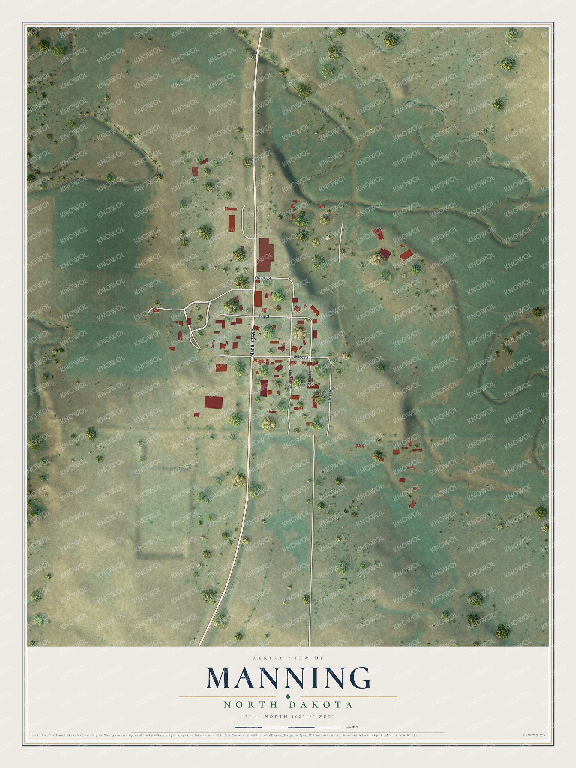 Full map of Manning, North Dakota, with red buildings, printed street names and the land around them