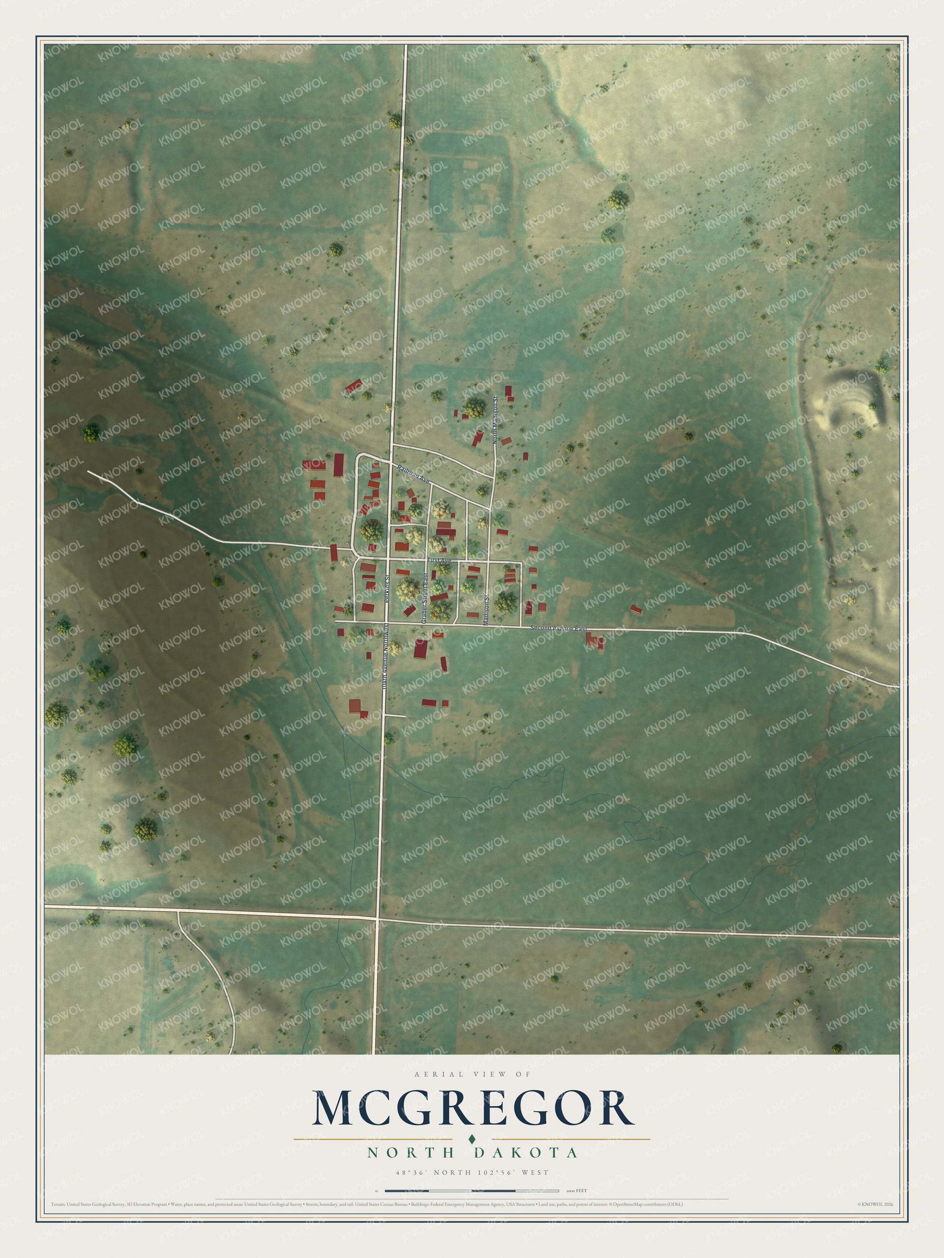 Full map of McGregor, North Dakota, with red buildings, printed street names and the land around them