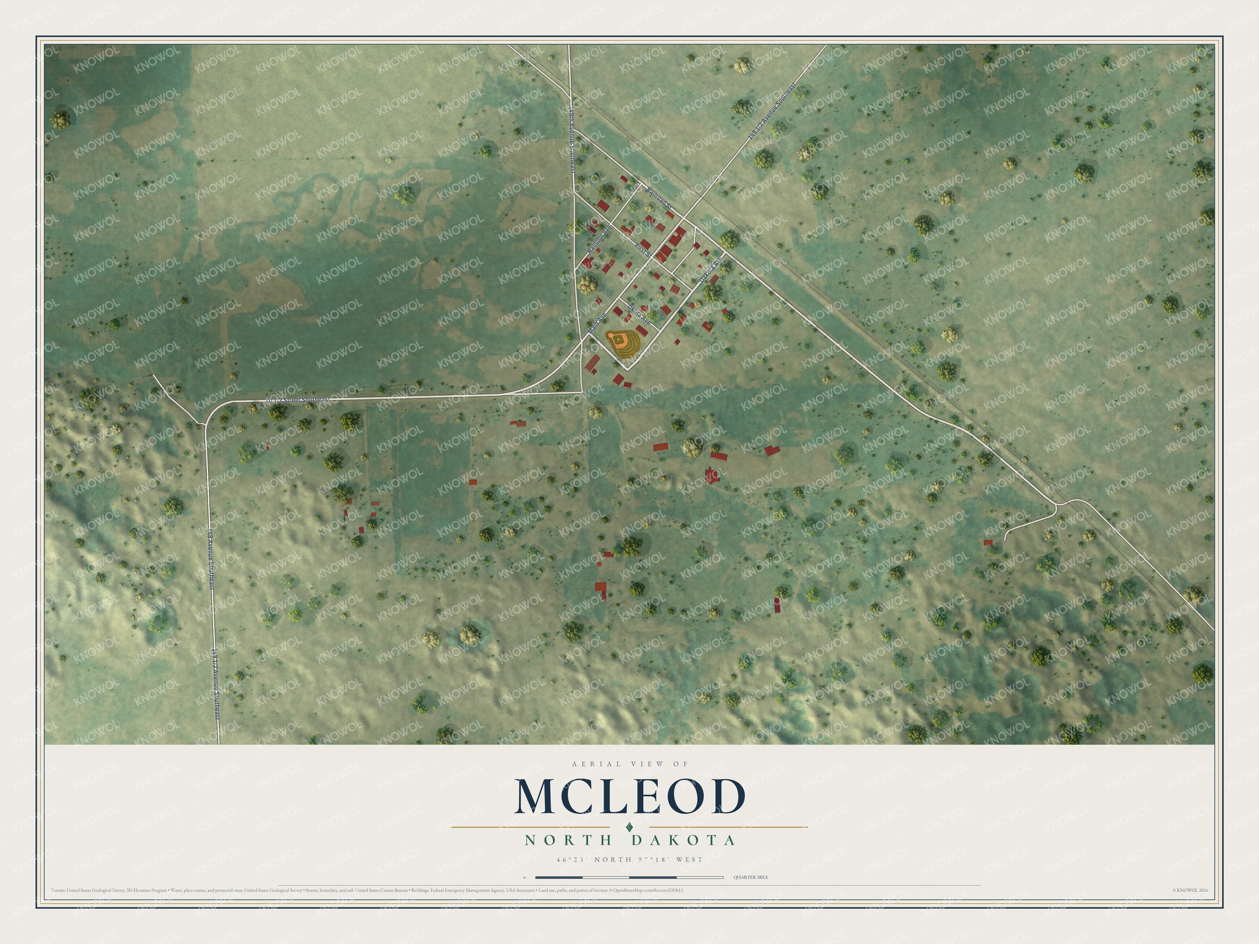 Full map of McLeod, North Dakota, with red buildings, printed street names and the land around them