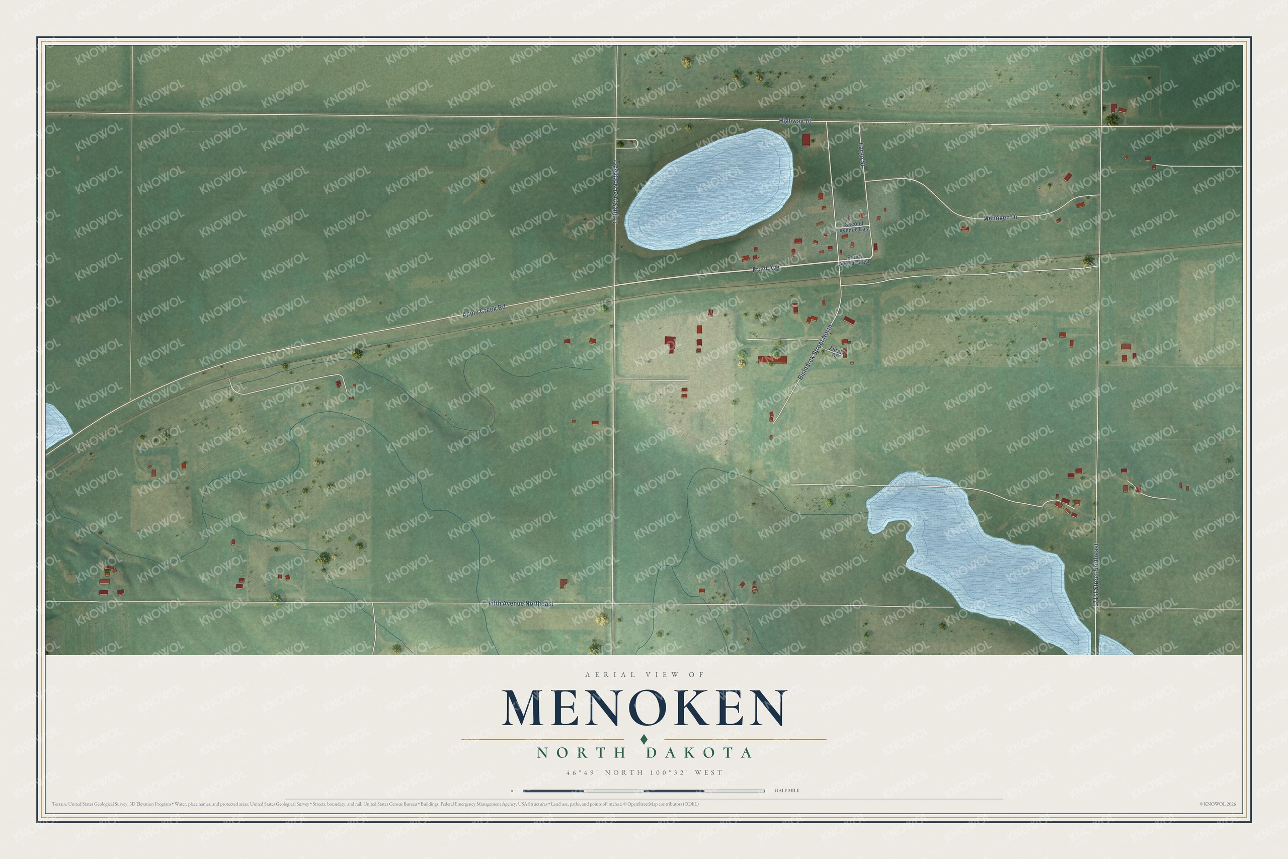 Full map of Menoken, North Dakota, with red buildings, printed street names and the land around them