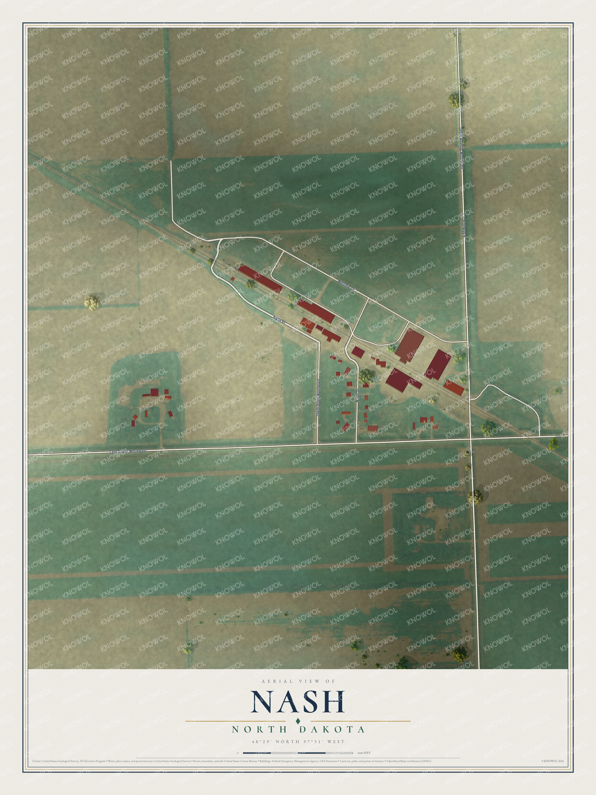 Full map of Nash, North Dakota, with red buildings, printed street names and the land around them