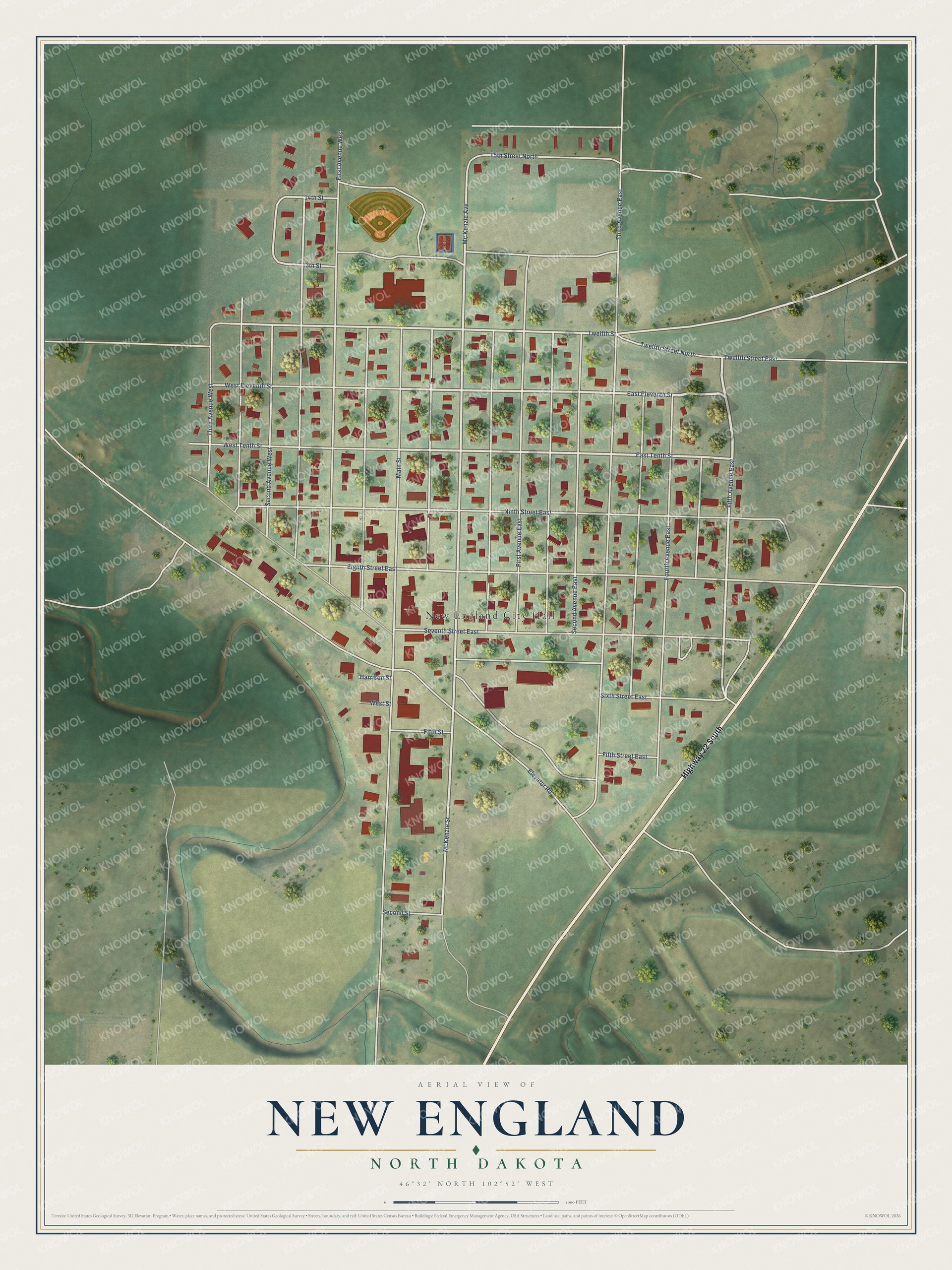 Watermarked full-map preview of New England, North Dakota
