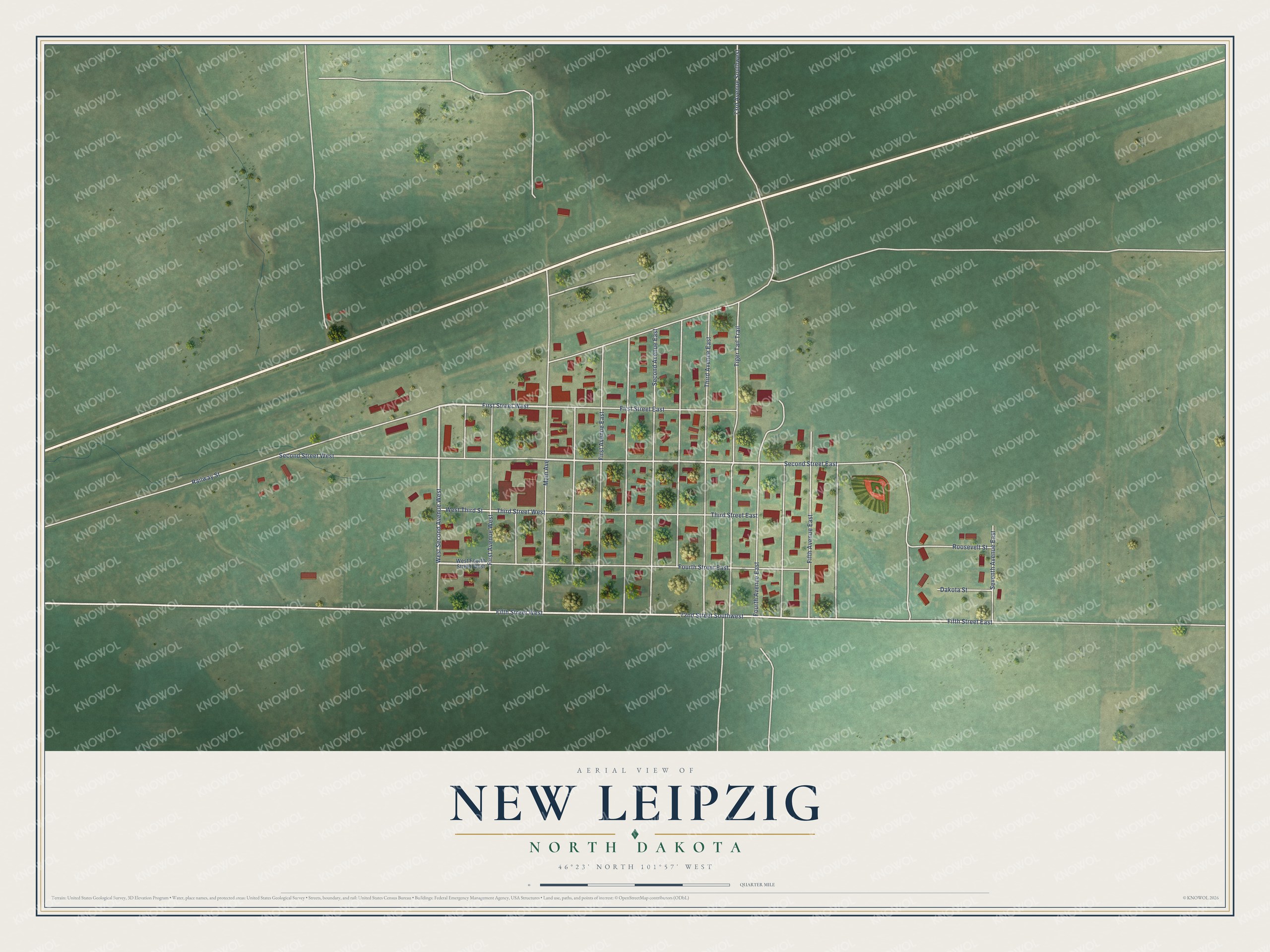 Full map of New Leipzig, North Dakota, with red buildings, printed street names and the land around them