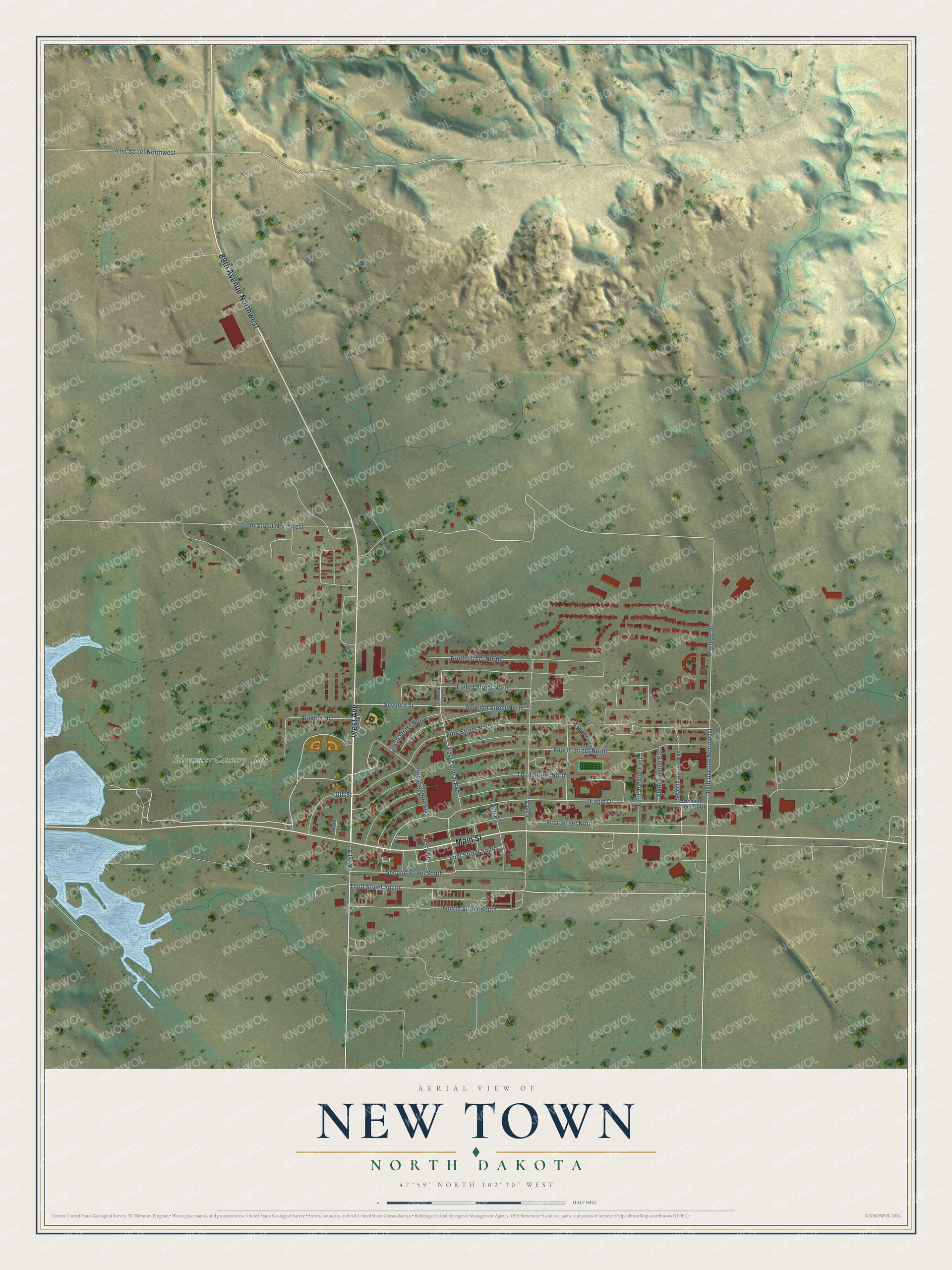 Watermarked full-map preview of New Town, North Dakota