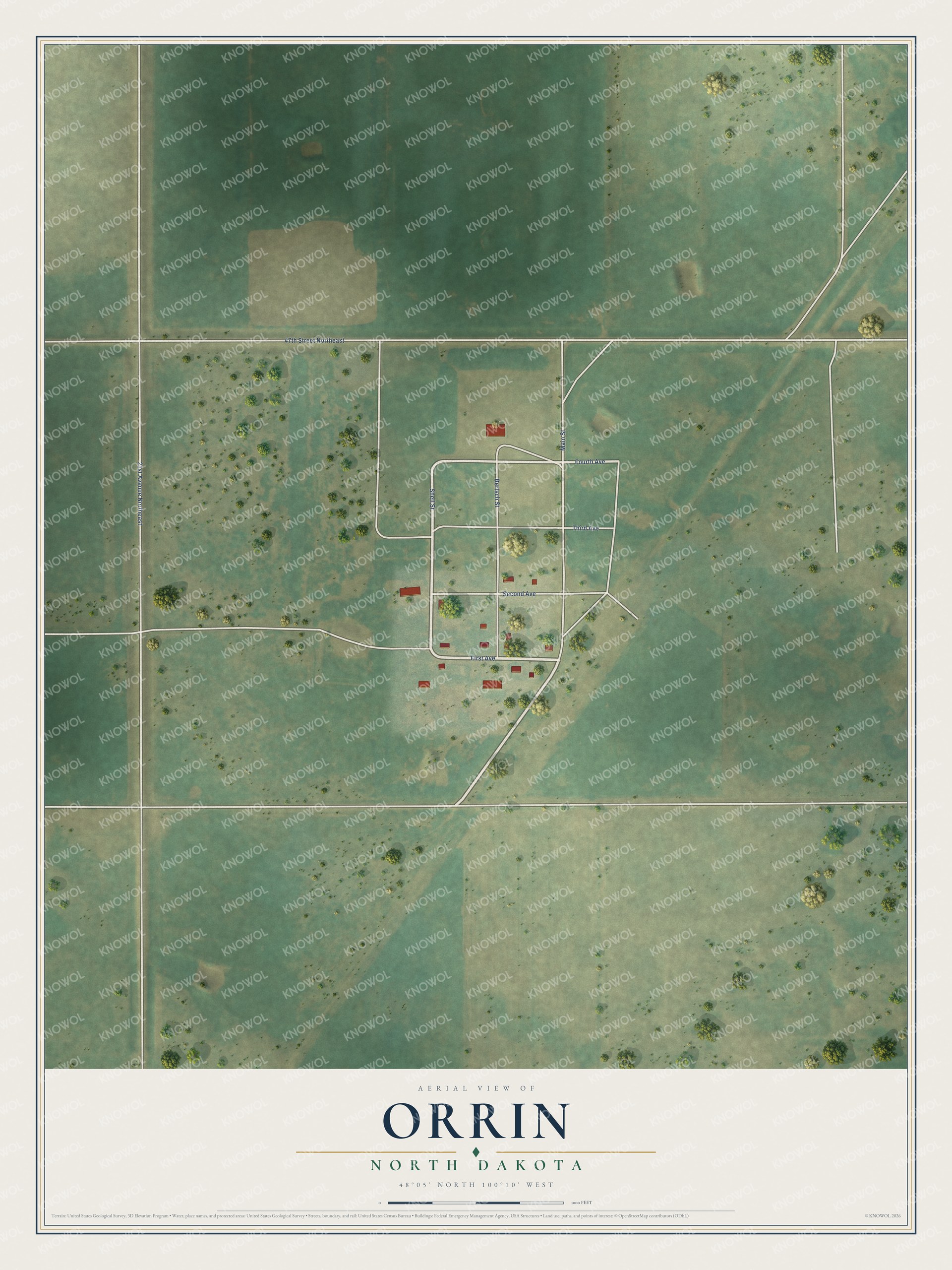 Full map of Orrin, North Dakota, with red buildings, printed street names and the land around them
