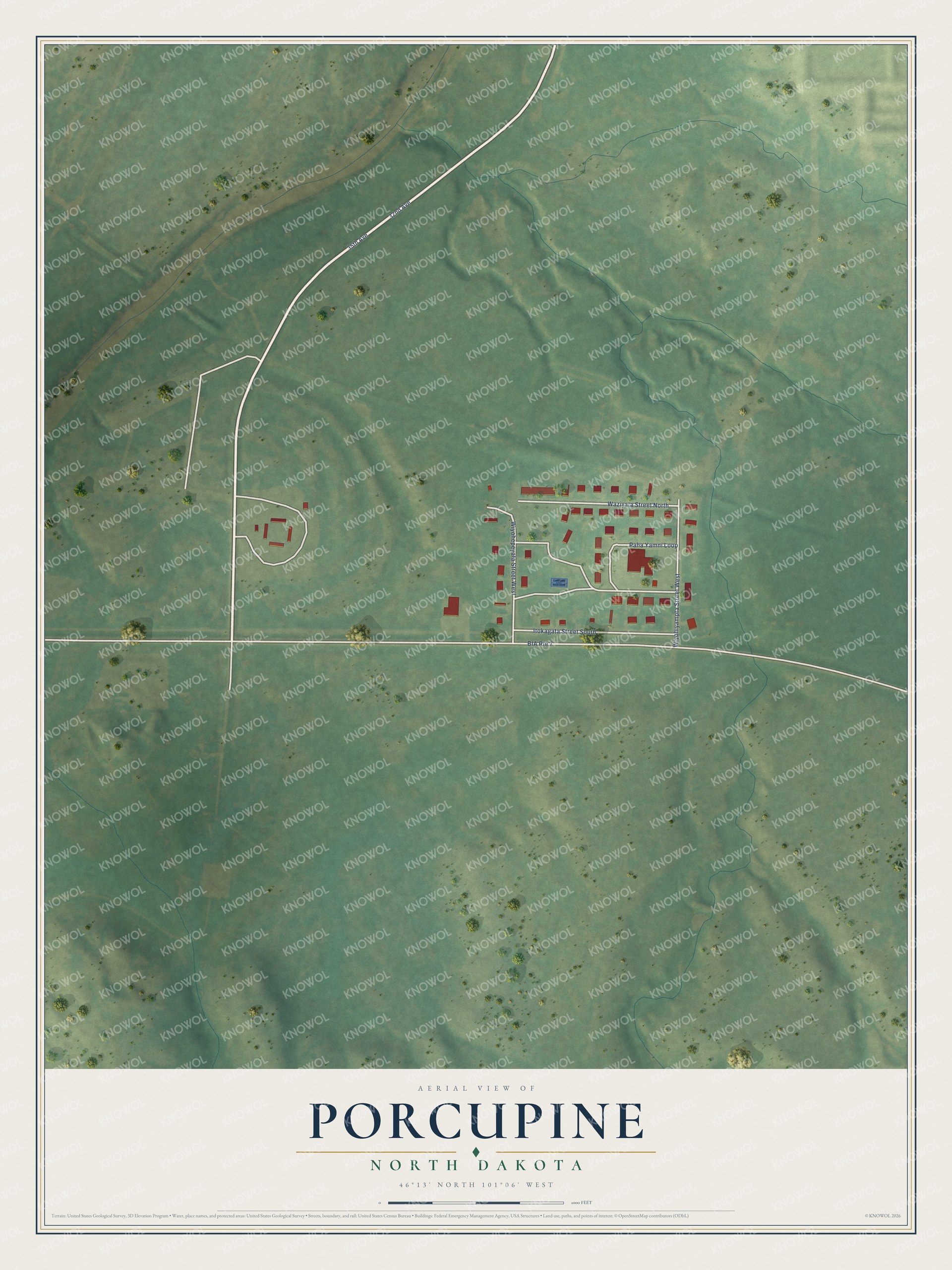 Full map of Porcupine, North Dakota, with red buildings, printed street names and the land around them