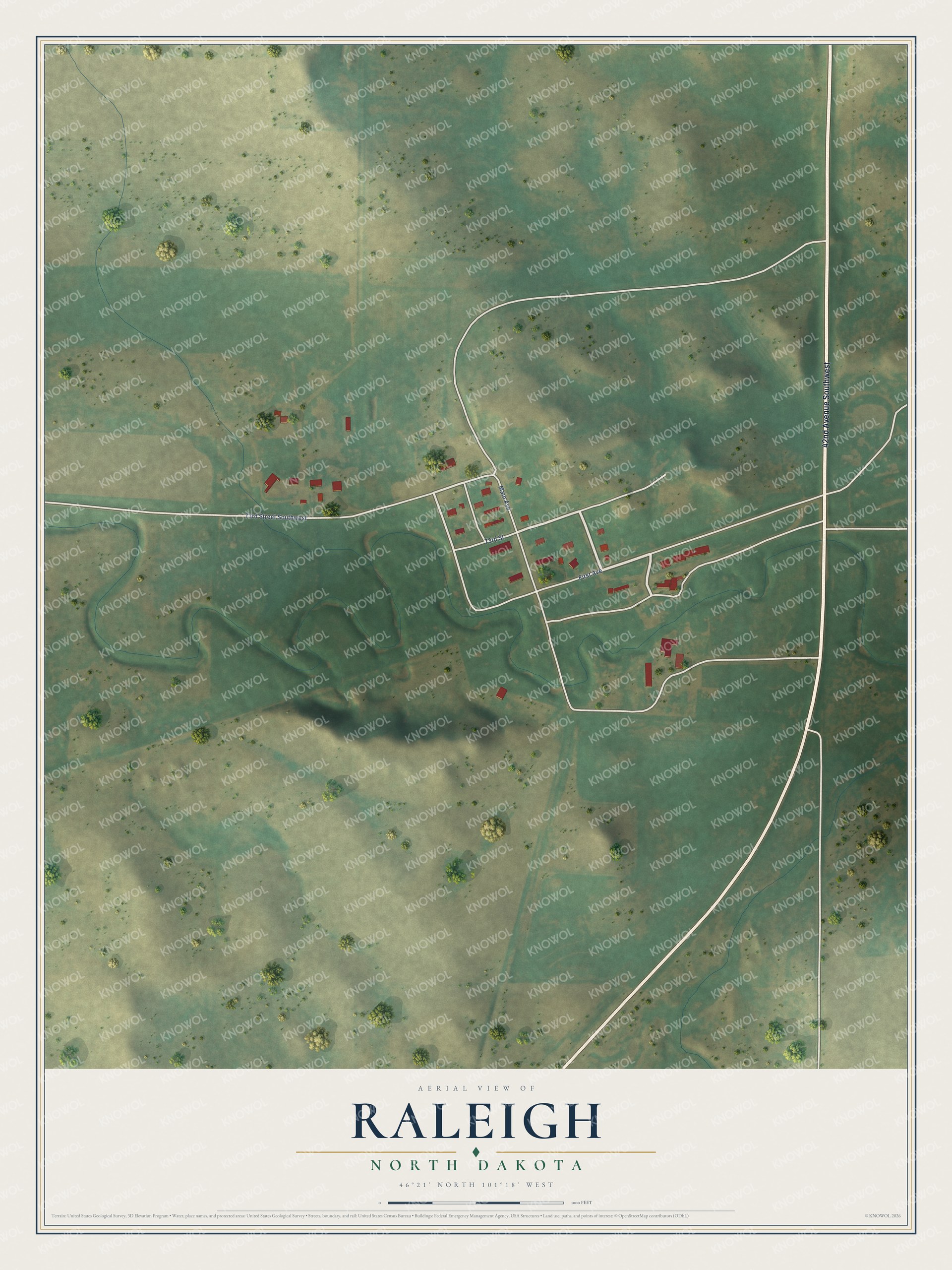 Full map of Raleigh, North Dakota, with red buildings, printed street names and the land around them