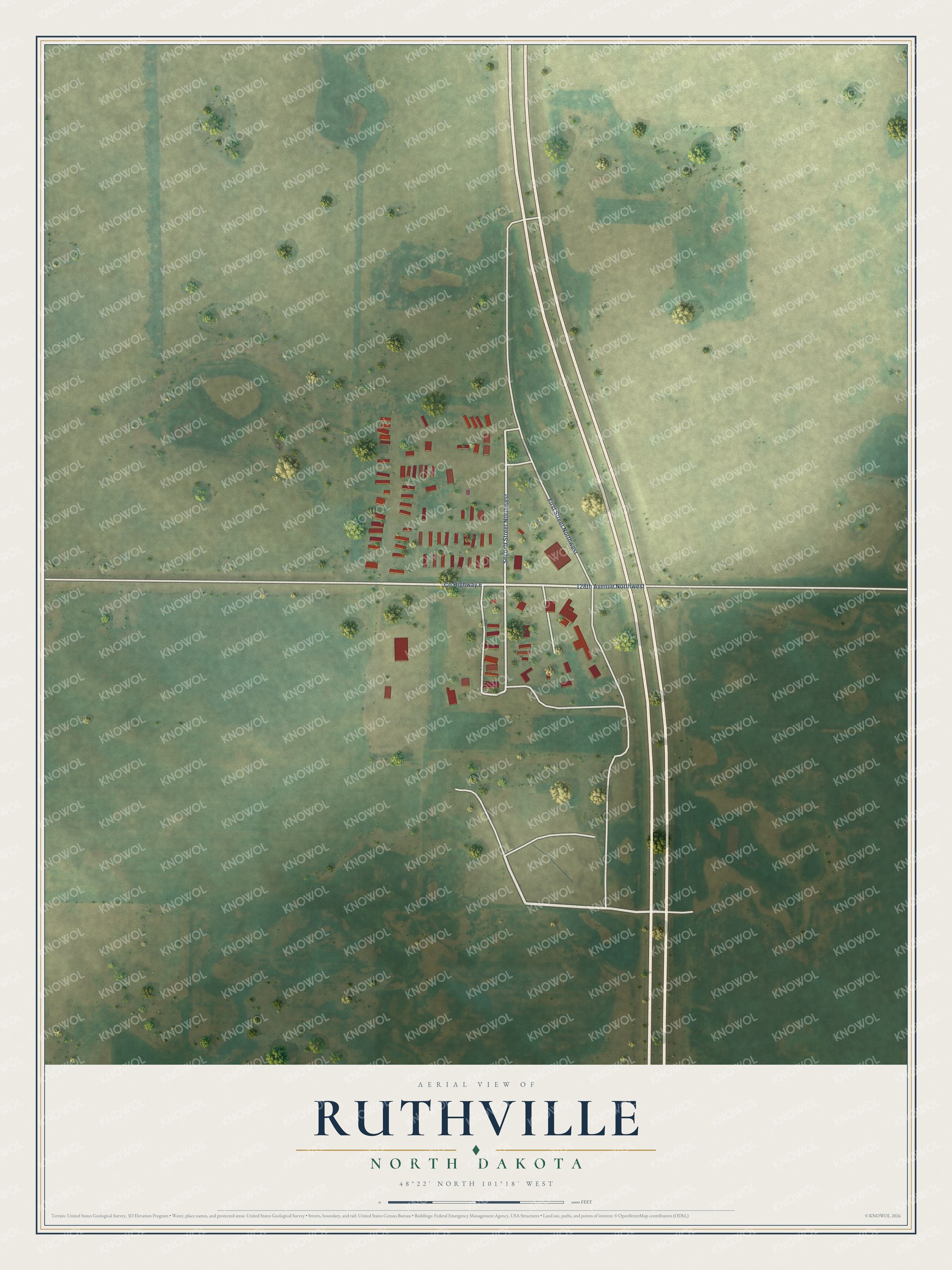 Full map of Ruthville, North Dakota, with red buildings, printed street names and the land around them