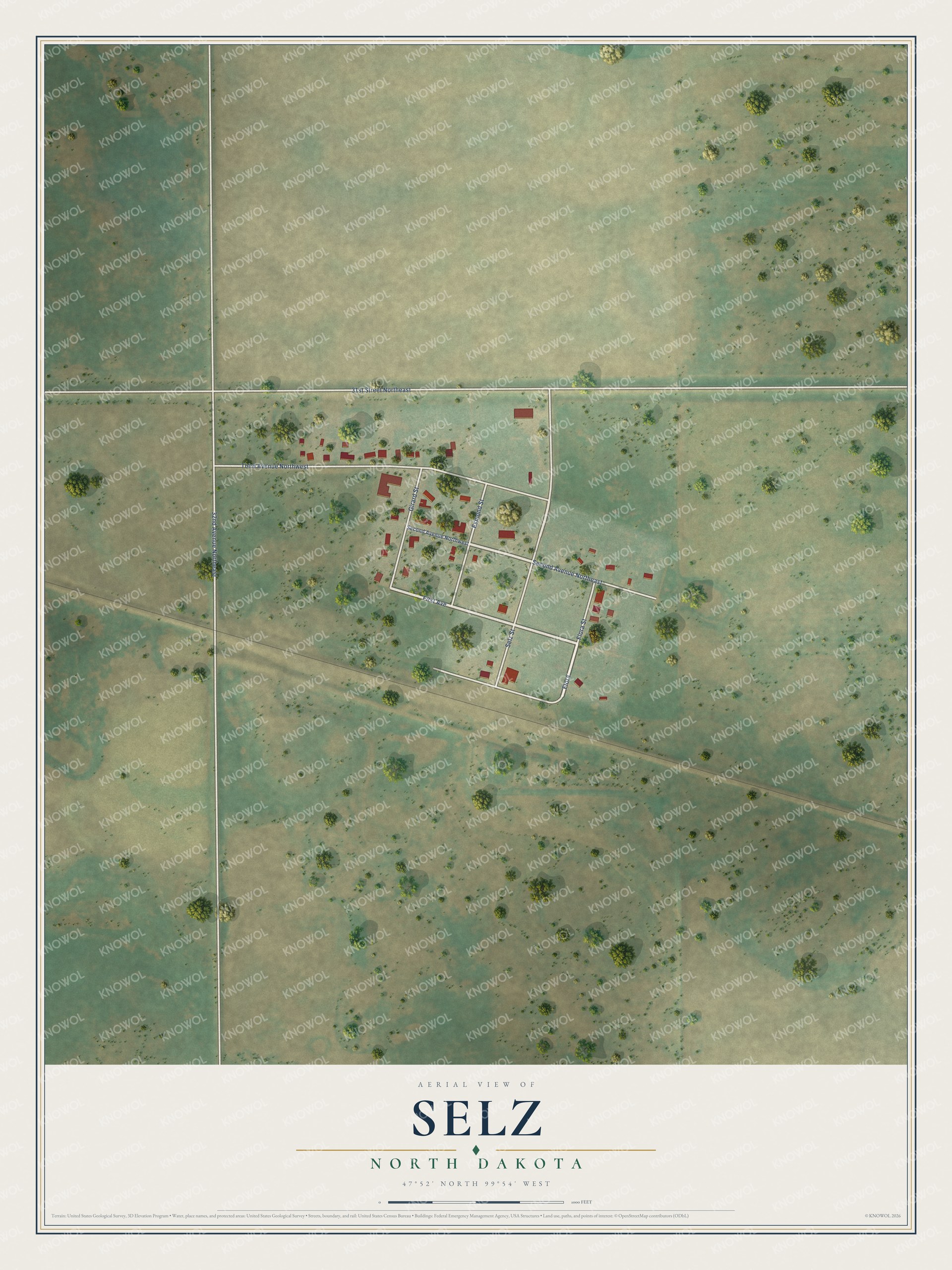 Full map of Selz, North Dakota, with red buildings, printed street names and the land around them