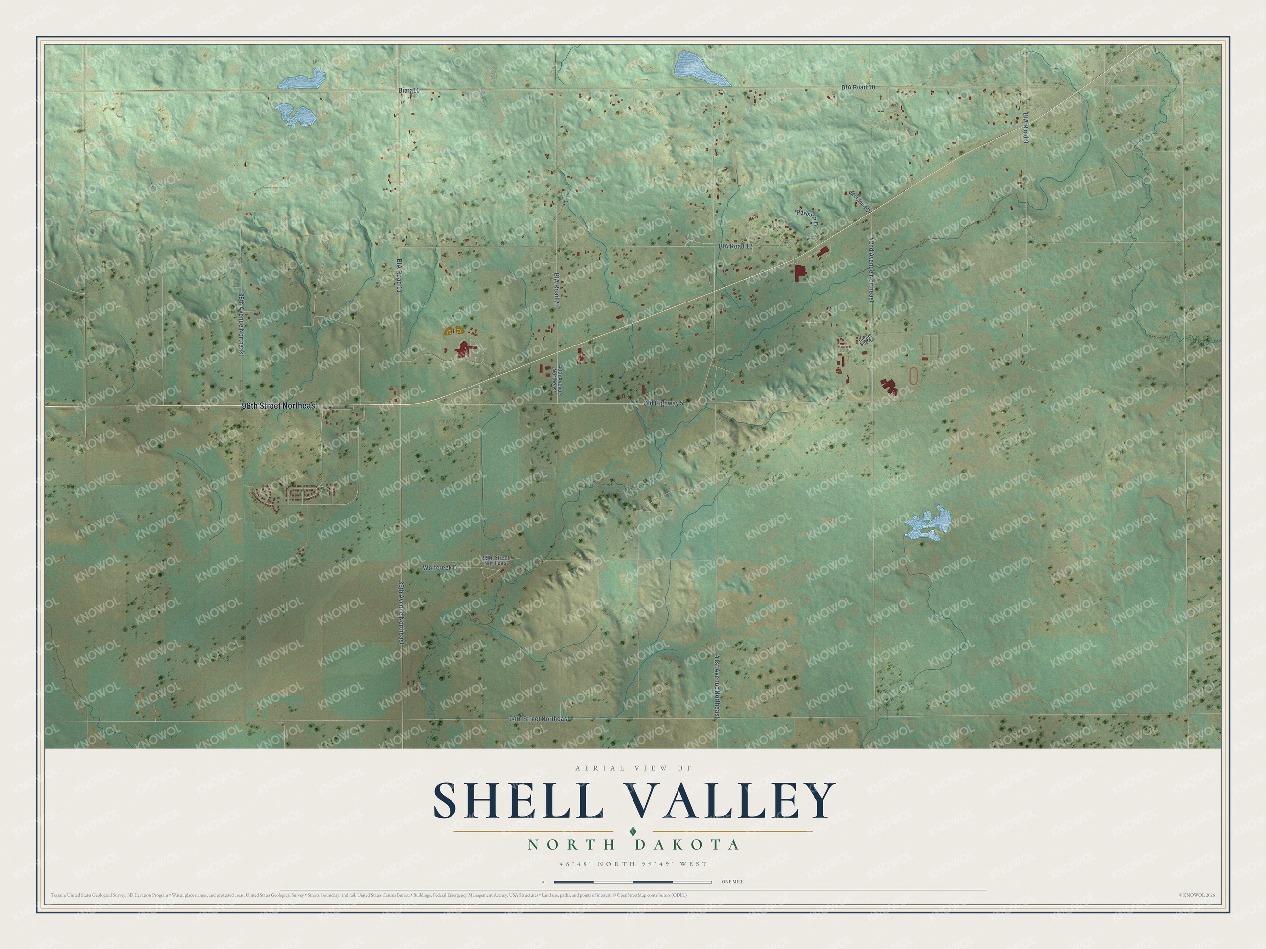 Full map of Shell Valley, North Dakota, with red buildings, printed street names and the land around them