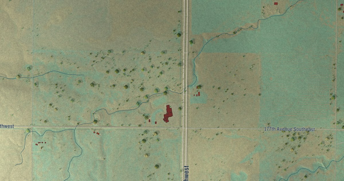 Close-up of streets and buildings in South Prairie, North Dakota