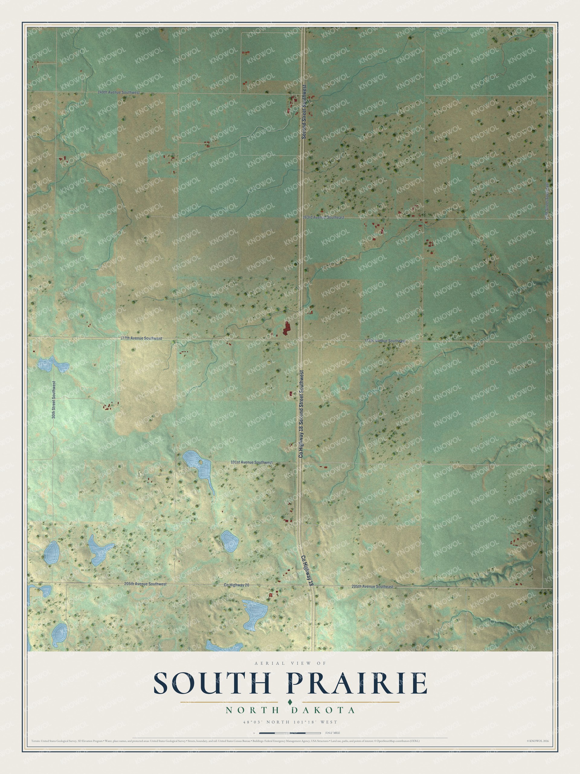 Full map of South Prairie, North Dakota, with red buildings, printed street names and the land around them