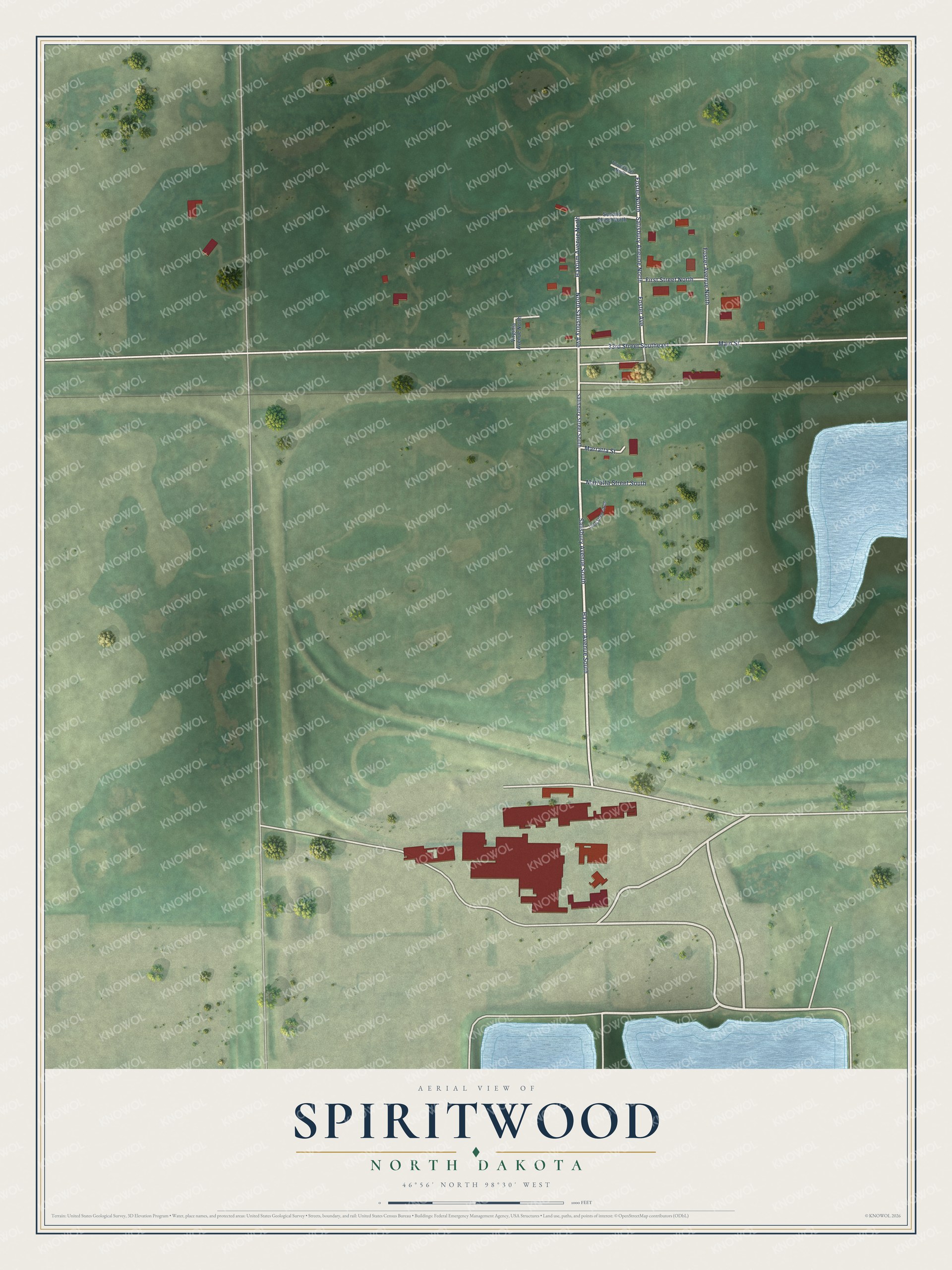 Full map of Spiritwood, North Dakota, with red buildings, printed street names and the land around them