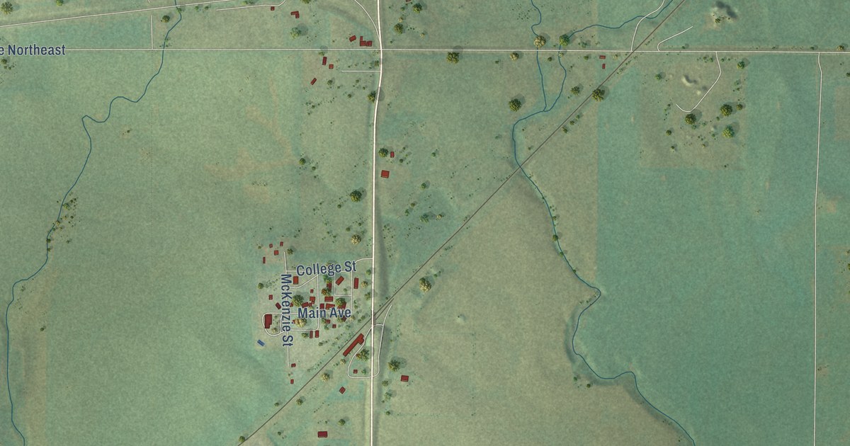 Close-up of streets and buildings in Sterling, North Dakota