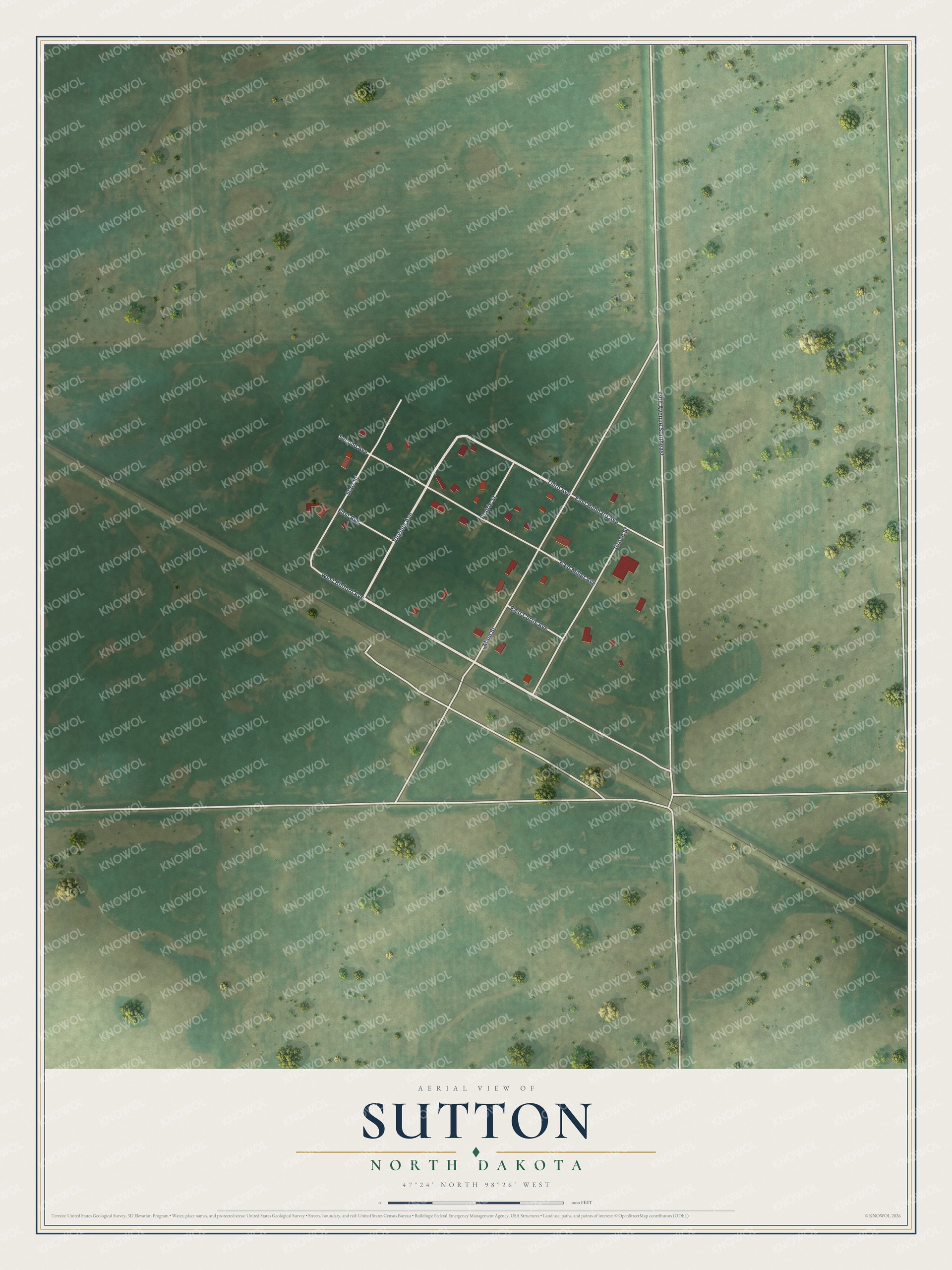 Full map of Sutton, North Dakota, with red buildings, printed street names and the land around them