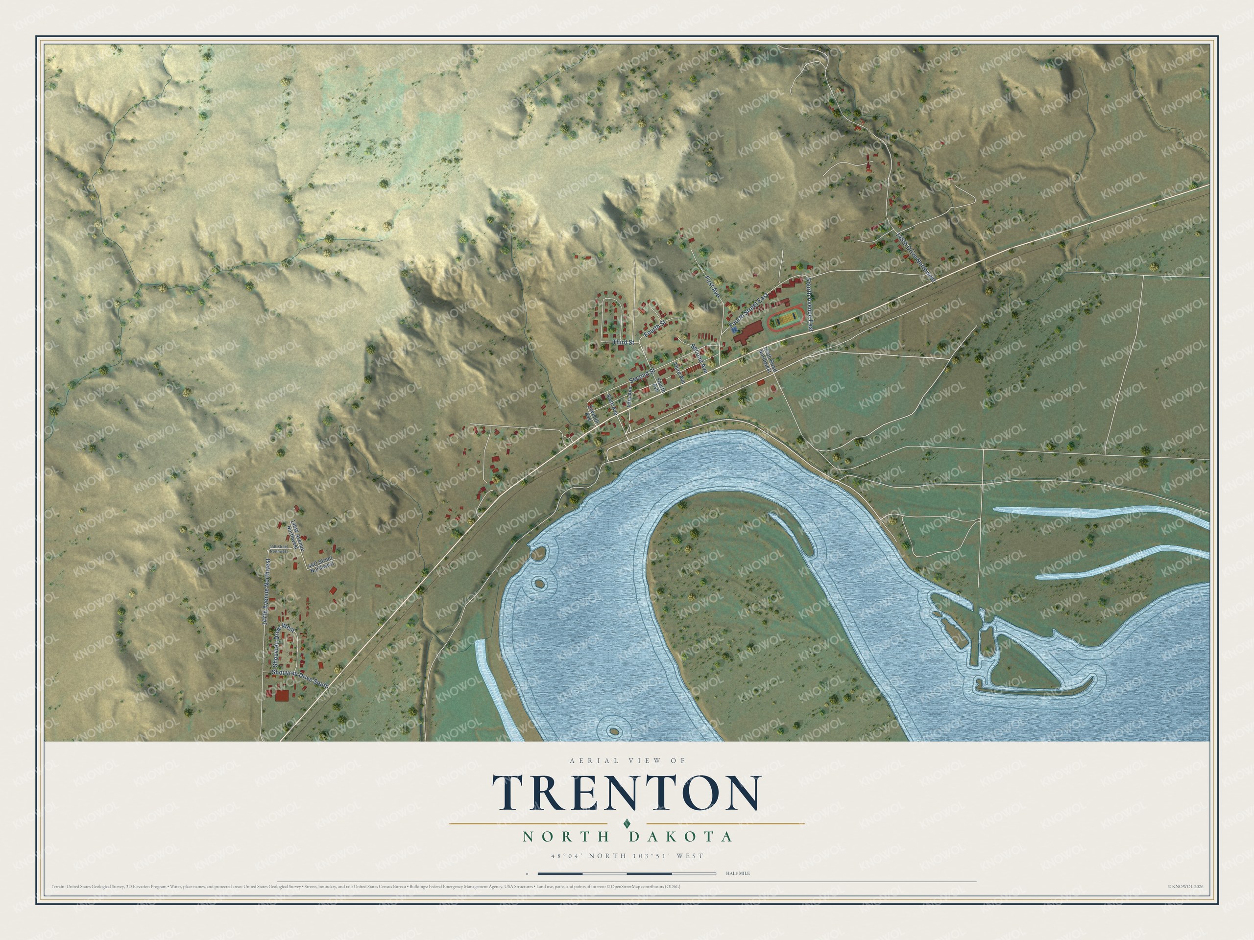 Full map of Trenton, North Dakota, with red buildings, printed street names and the land around them