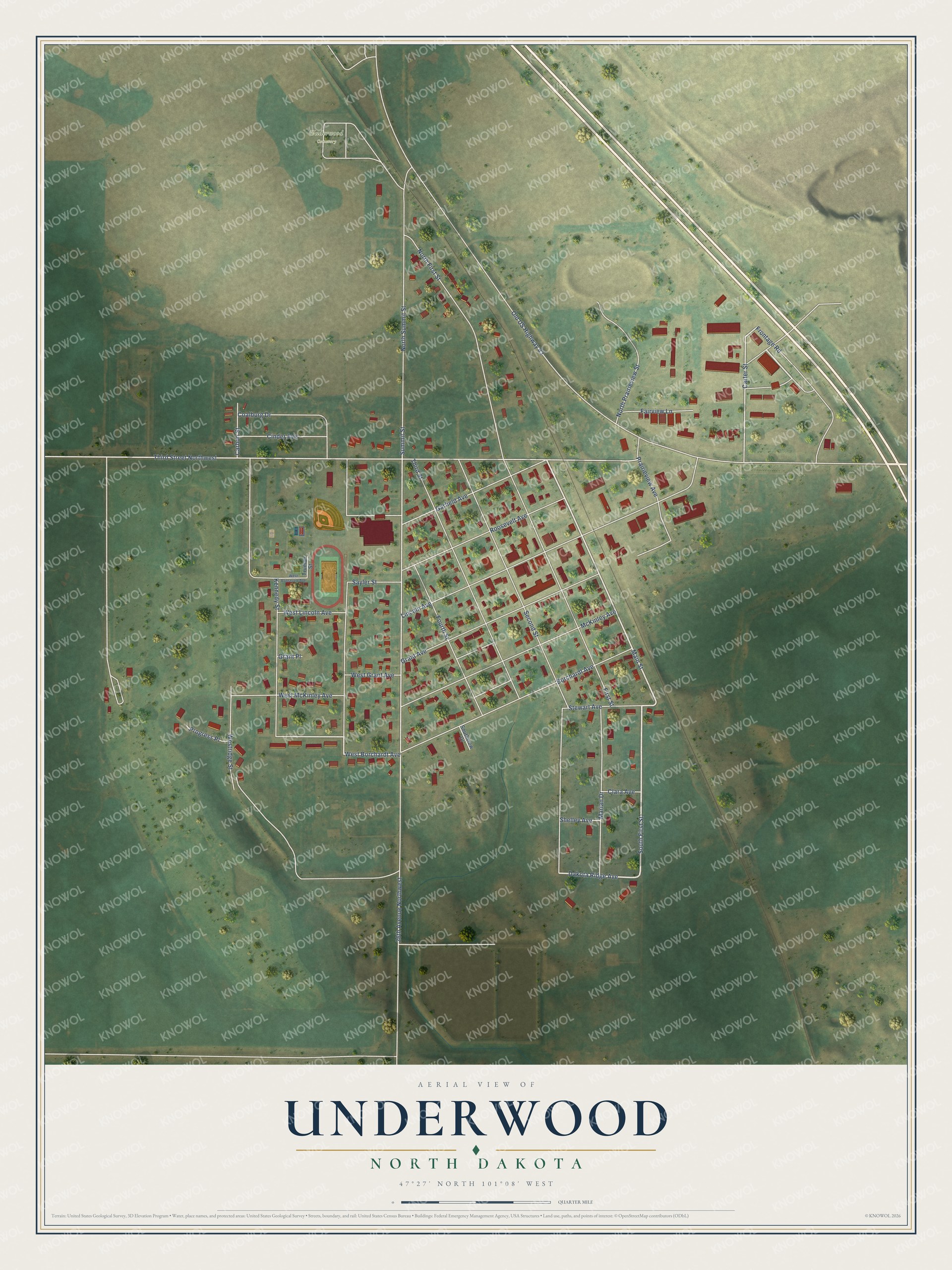 Watermarked full-map preview of Underwood, North Dakota