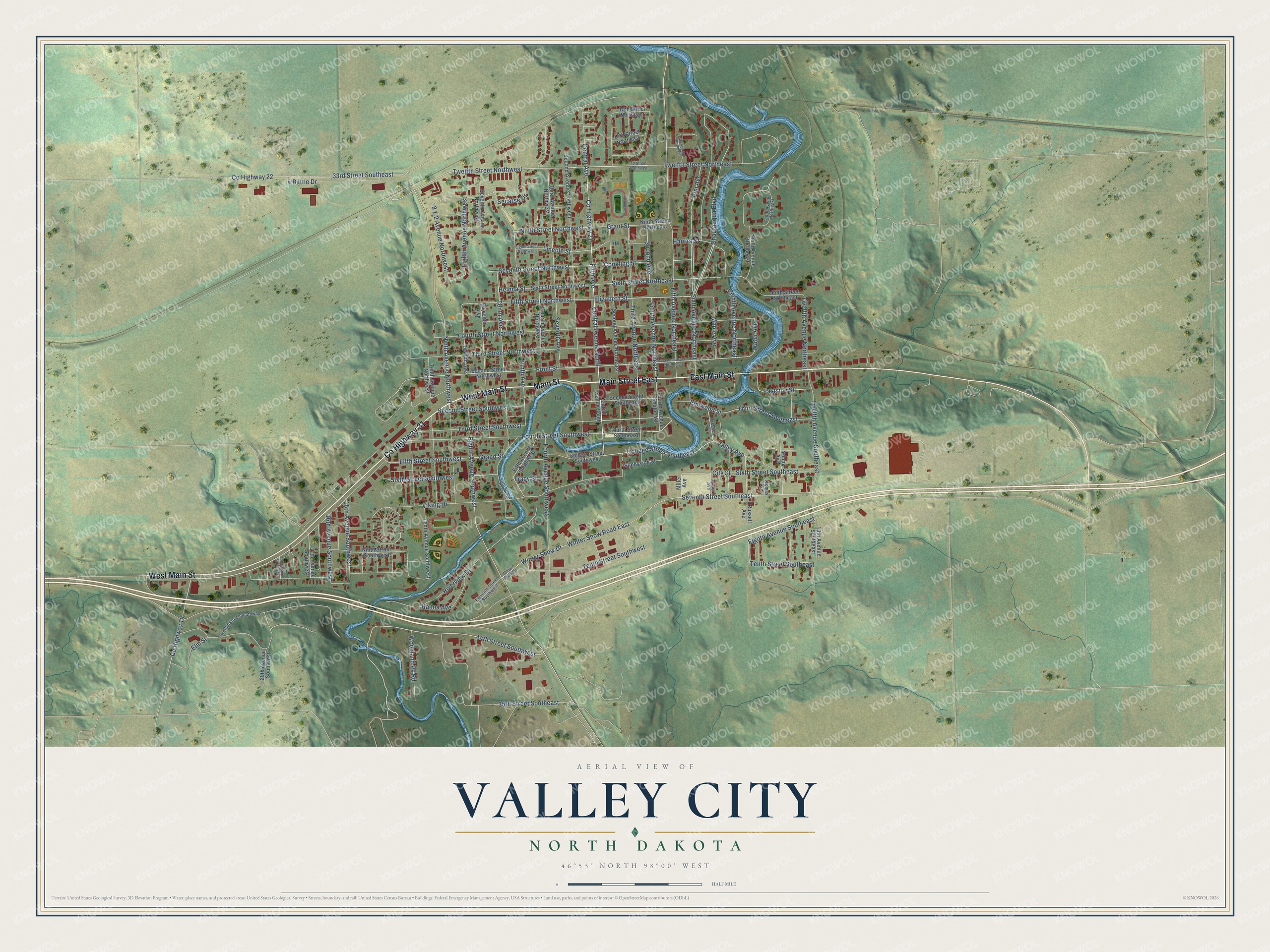 Watermarked full-map preview of Valley City, North Dakota