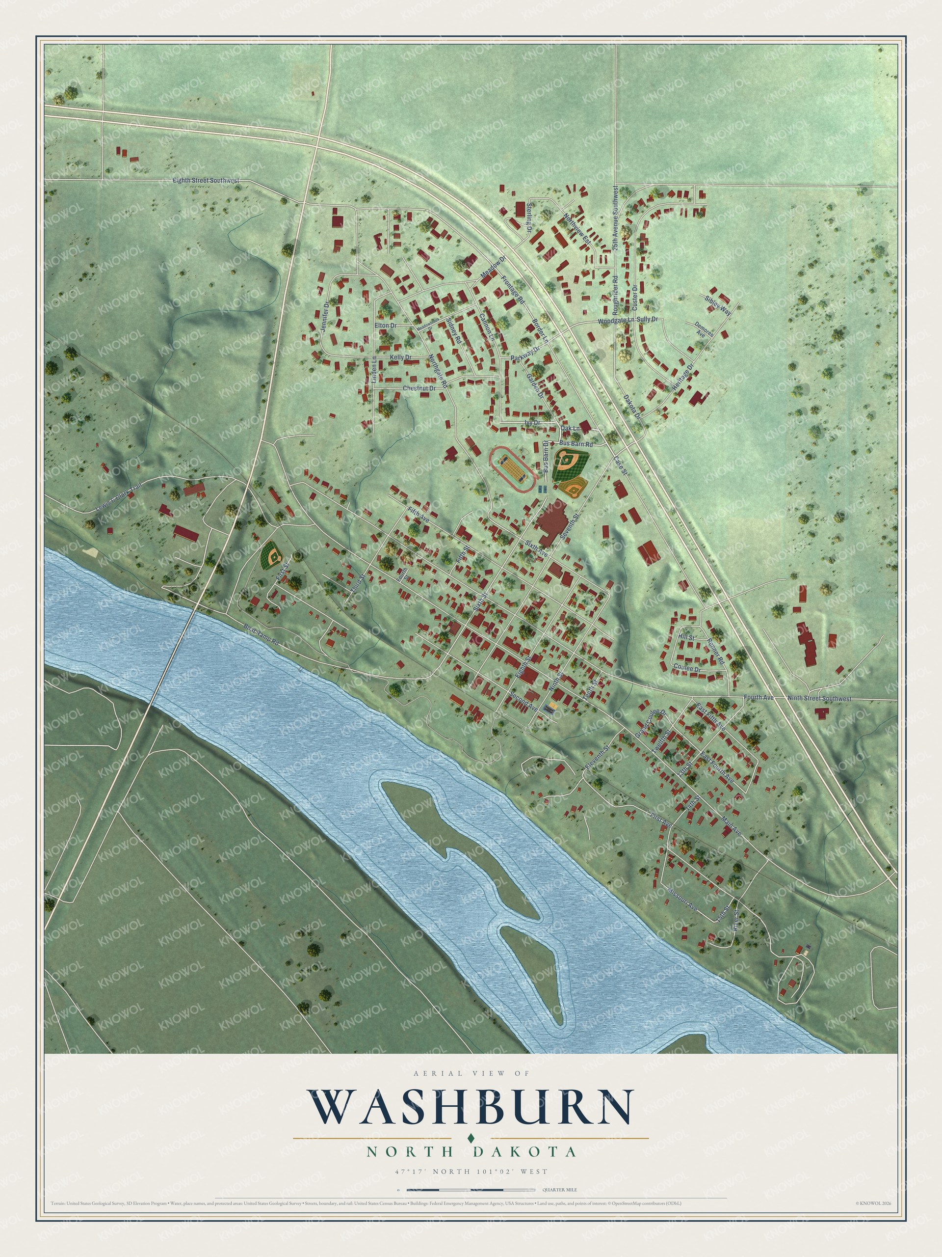 Watermarked full-map preview of Washburn, North Dakota