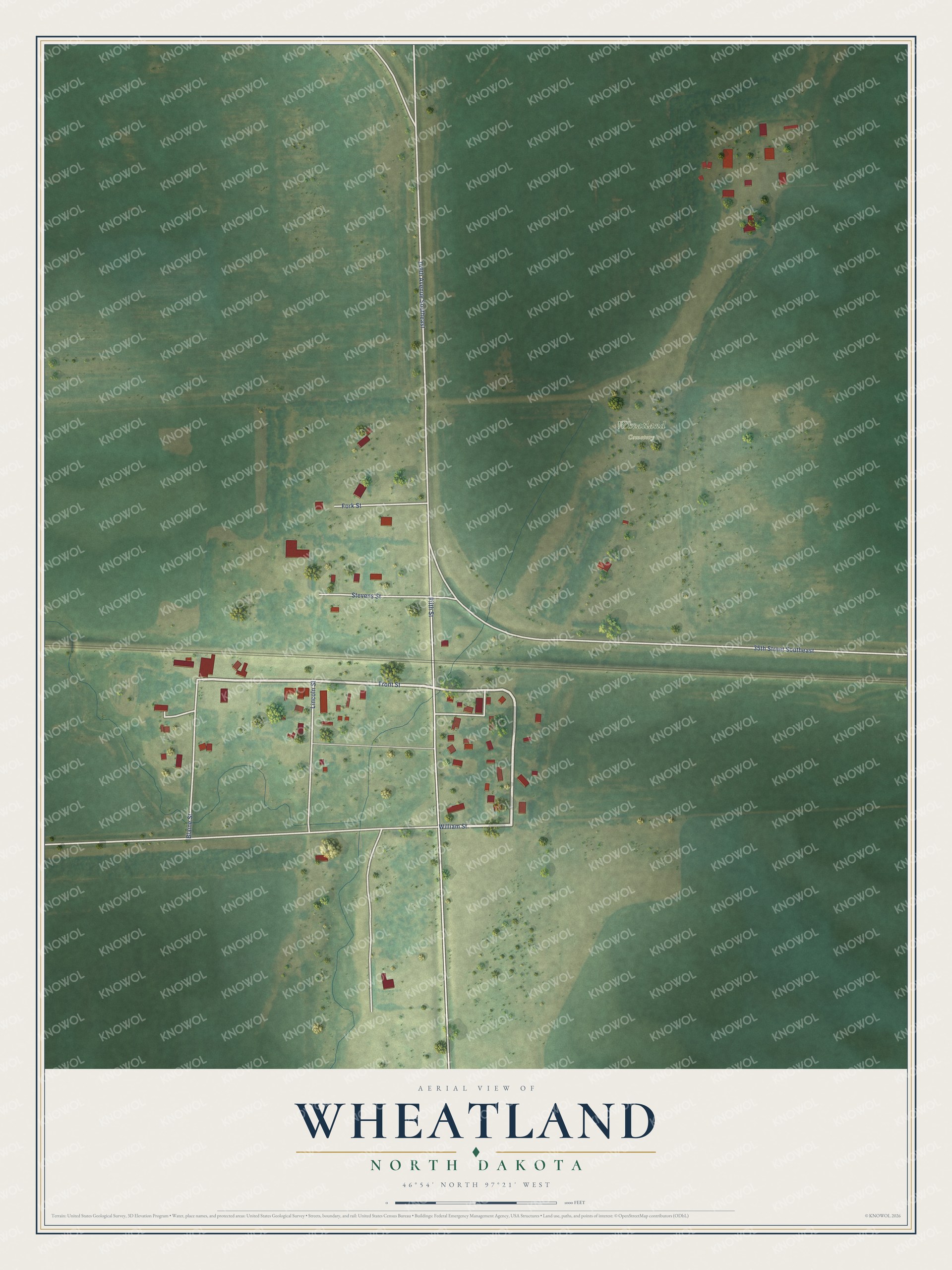 Full map of Wheatland, North Dakota, with red buildings, printed street names and the land around them