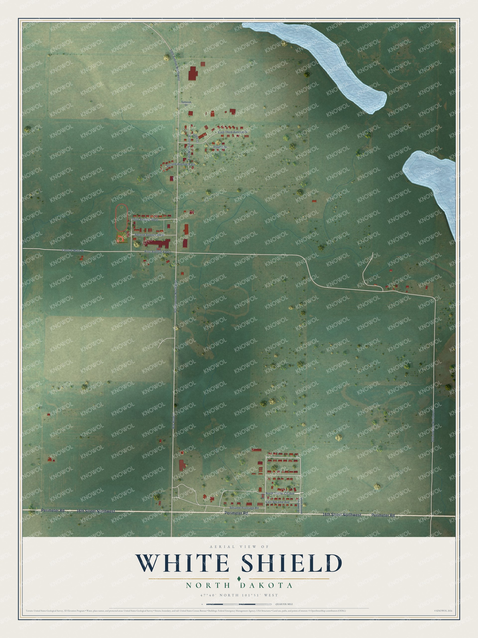 Full map of White Shield, North Dakota, with red buildings, printed street names and the land around them