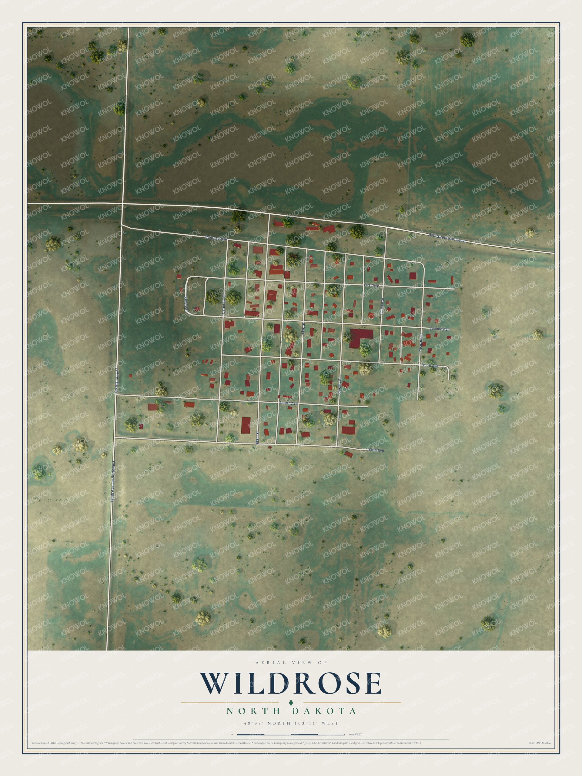 Watermarked full-map preview of Wildrose, North Dakota