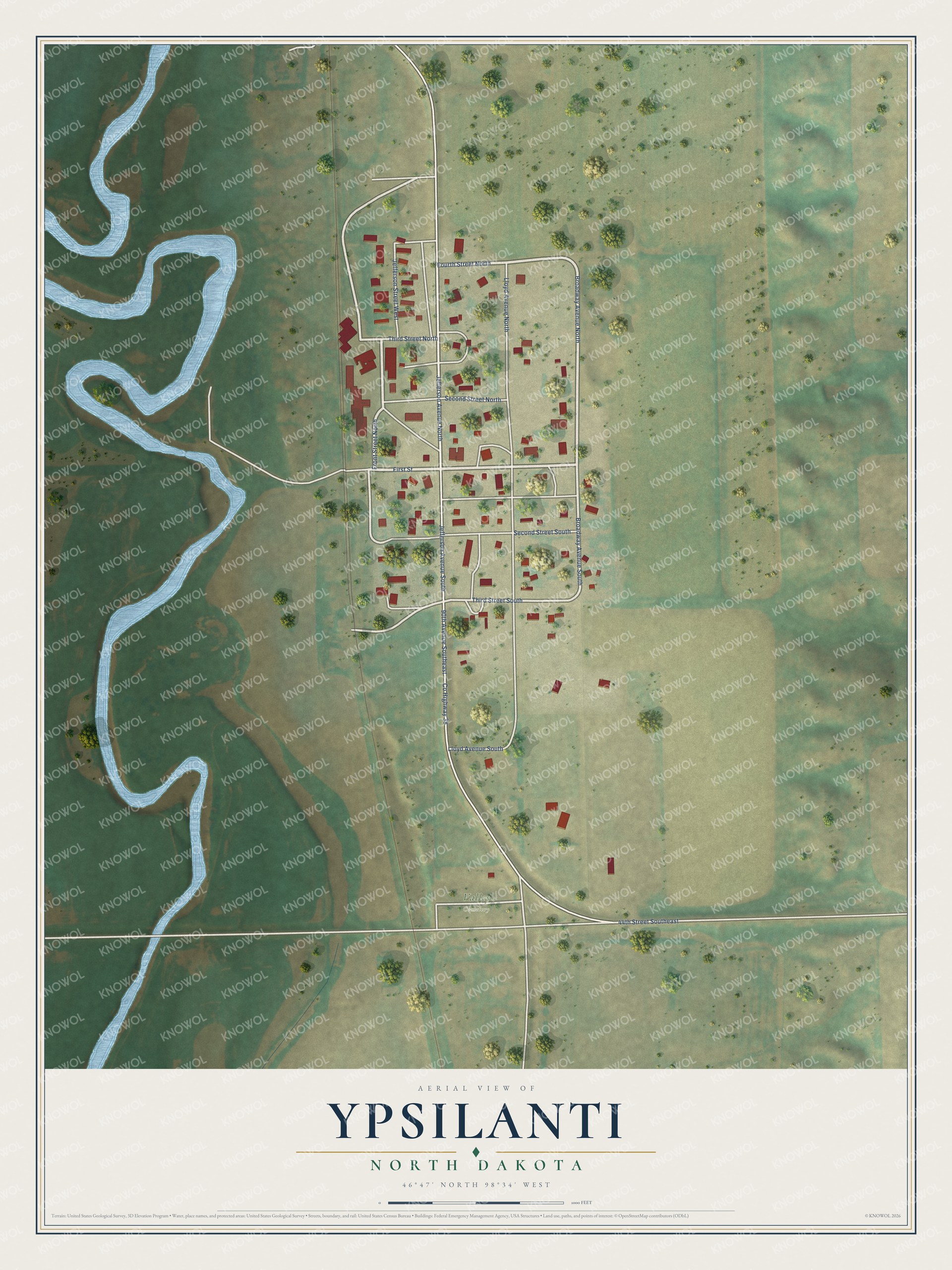 Full map of Ypsilanti, North Dakota, with red buildings, printed street names and the land around them