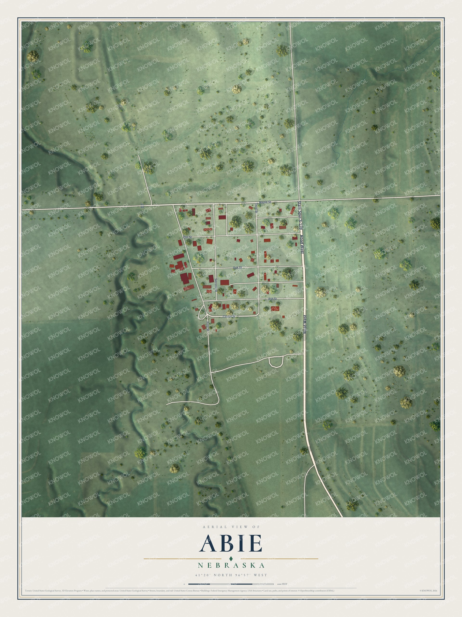 Full map of Abie, Nebraska, with red buildings, printed street names and the land around them