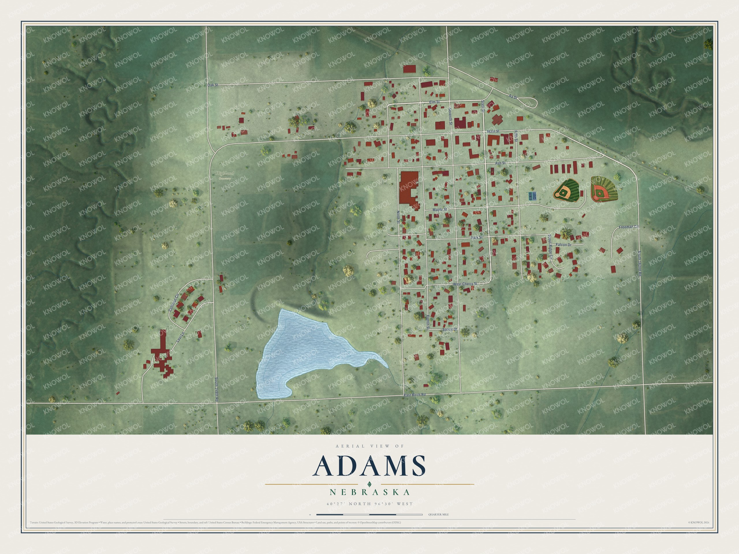 Full map of Adams, Nebraska, with red buildings, printed street names and the land around them