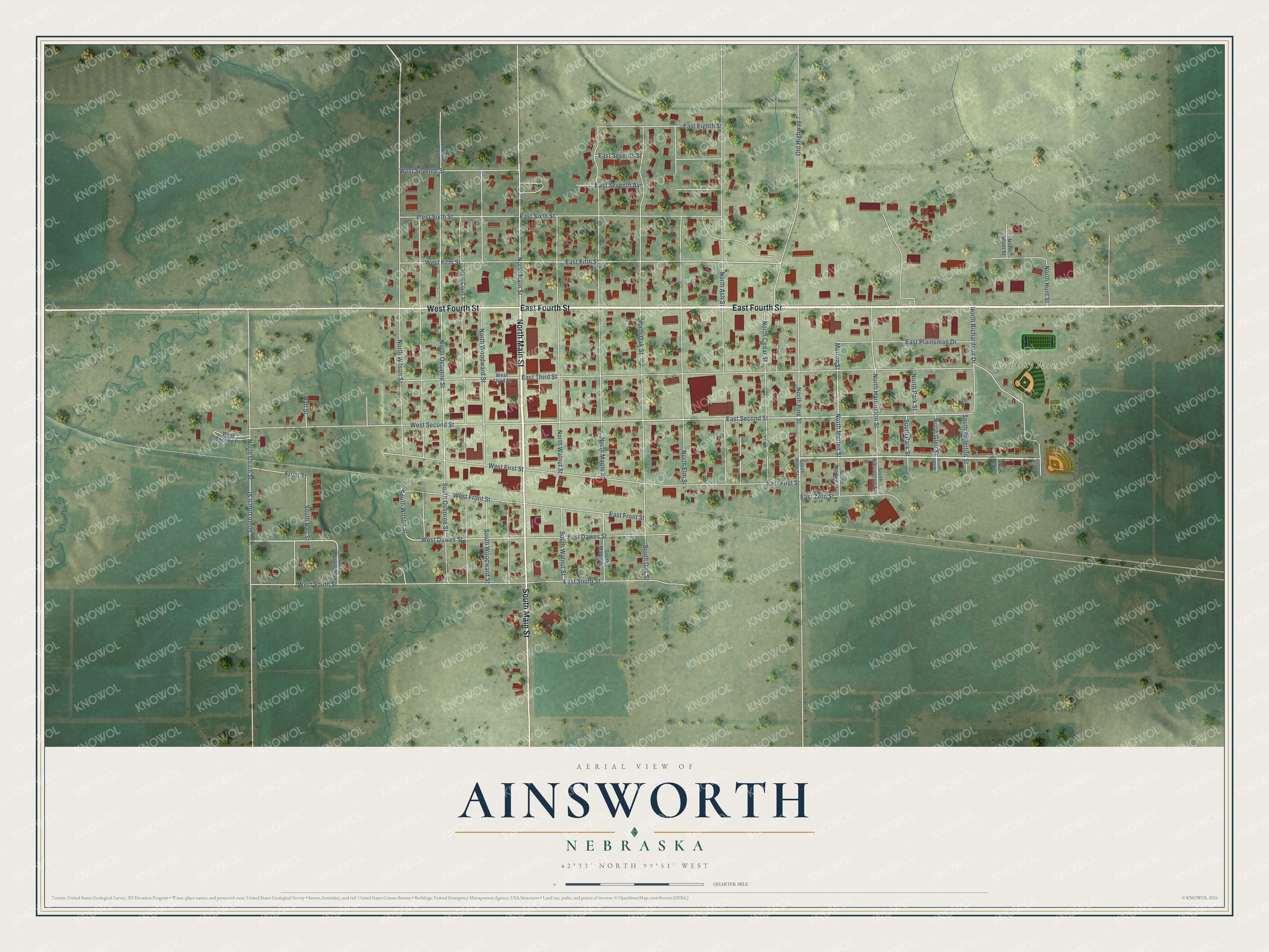 Full map of Ainsworth, Nebraska, with red buildings, printed street names and the land around them