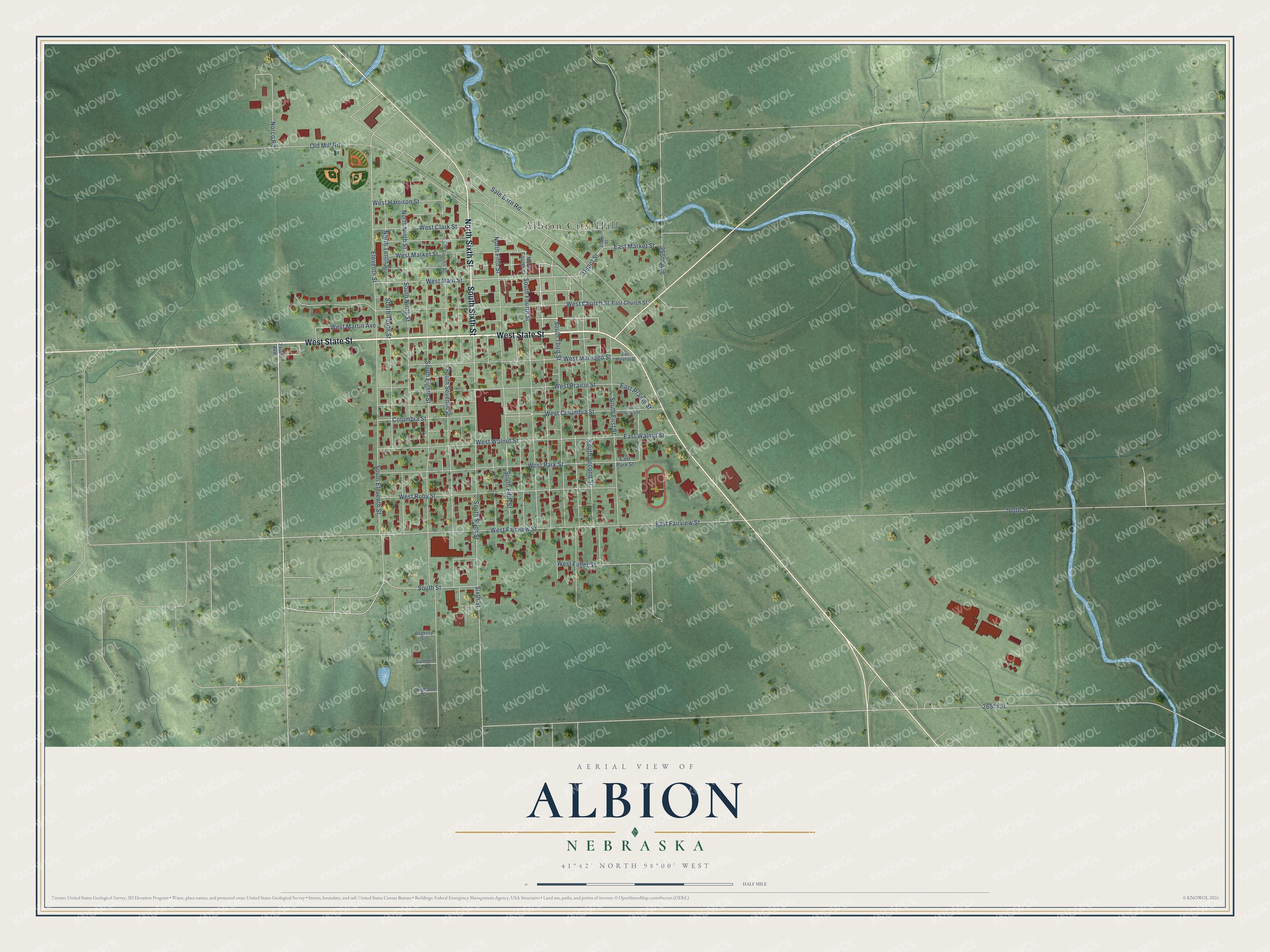 Full map of Albion, Nebraska, with red buildings, printed street names and the land around them