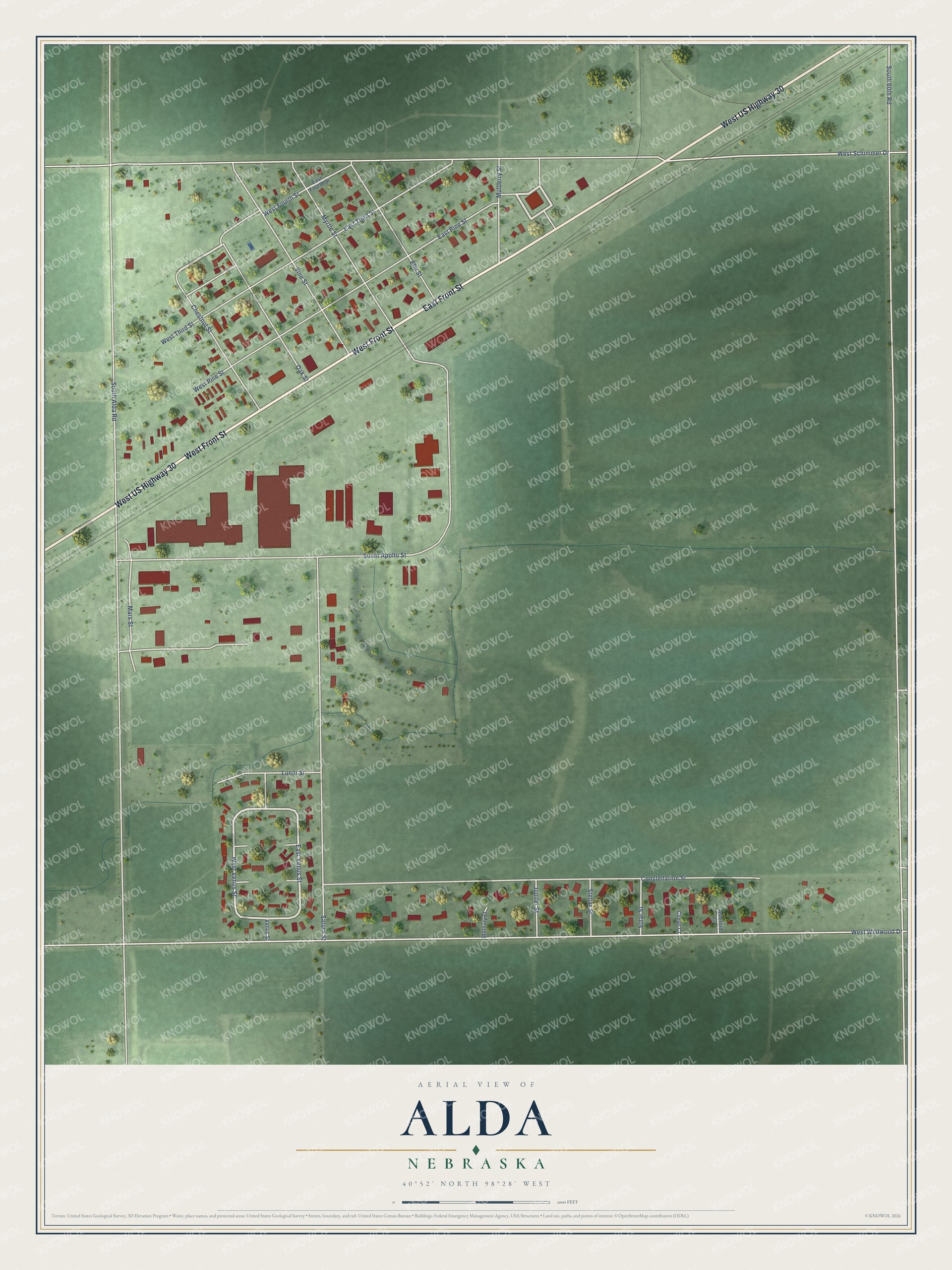 Full map of Alda, Nebraska, with red buildings, printed street names and the land around them