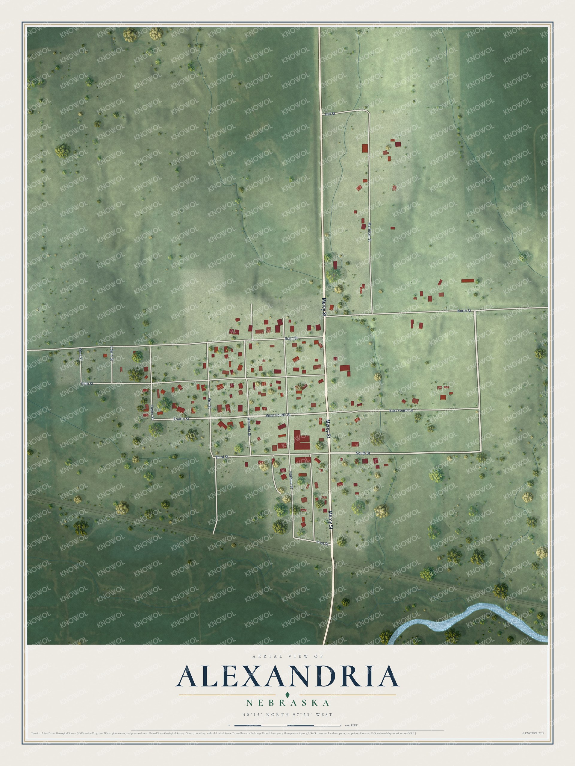 Full map of Alexandria, Nebraska, with red buildings, printed street names and the land around them