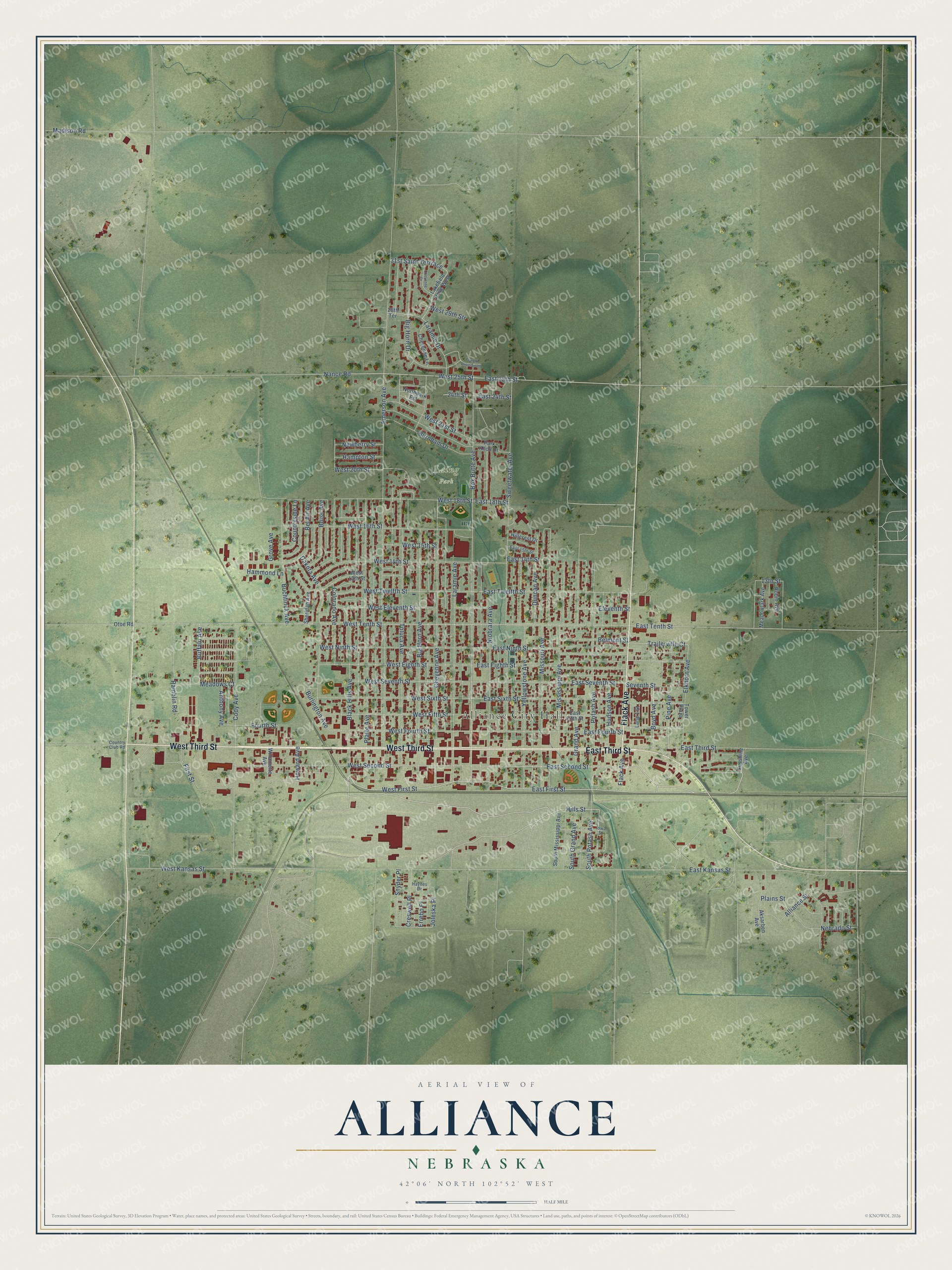 Full map of Alliance, Nebraska, with red buildings, printed street names and the land around them