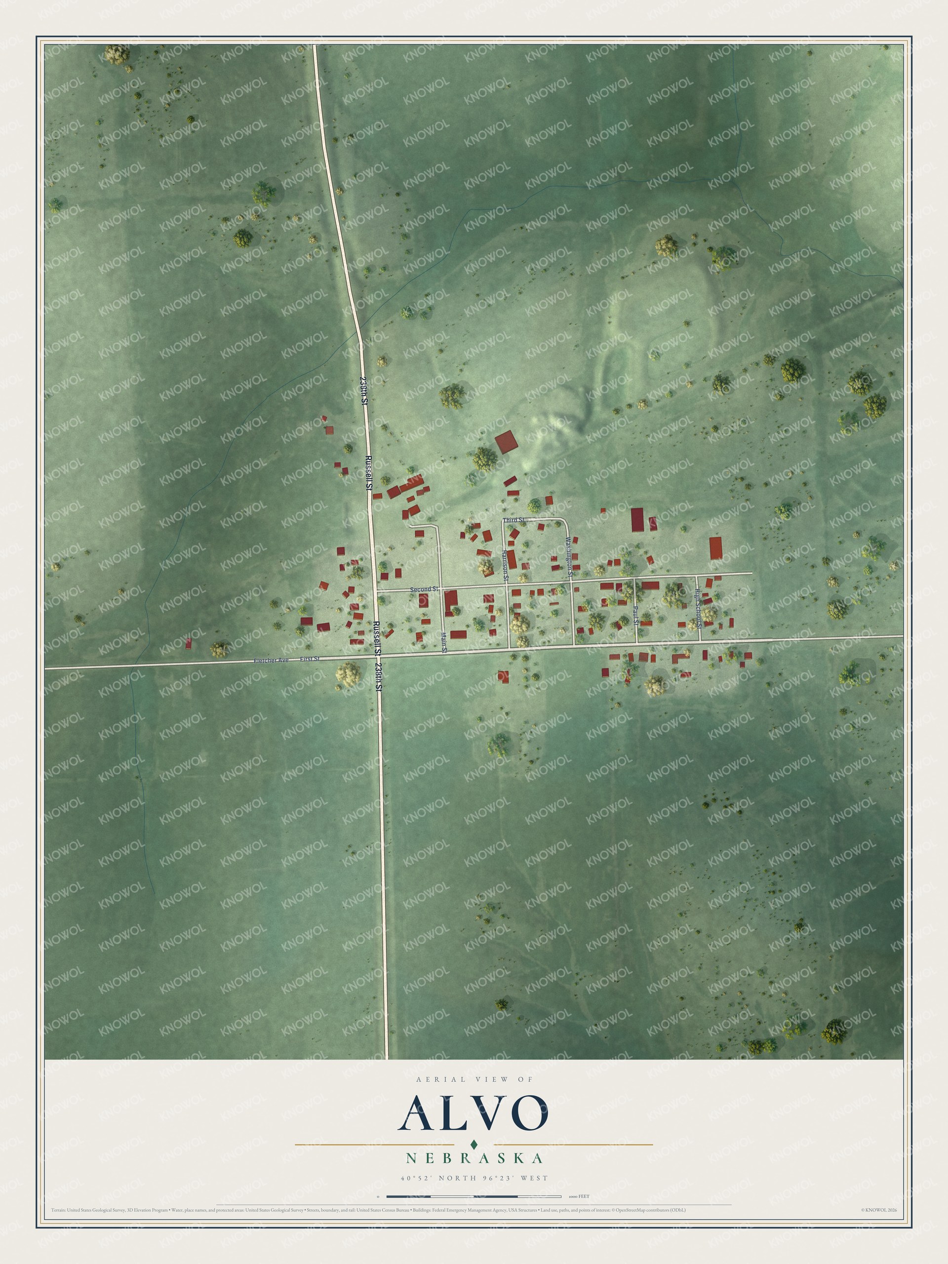 Full map of Alvo, Nebraska, with red buildings, printed street names and the land around them