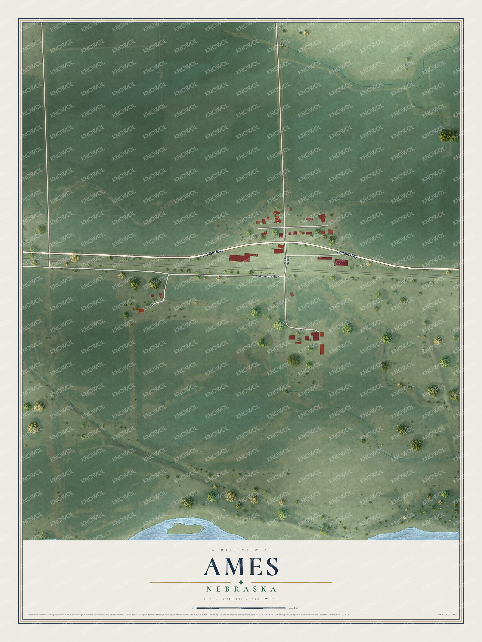 Full map of Ames, Nebraska, with red buildings, printed street names and the land around them
